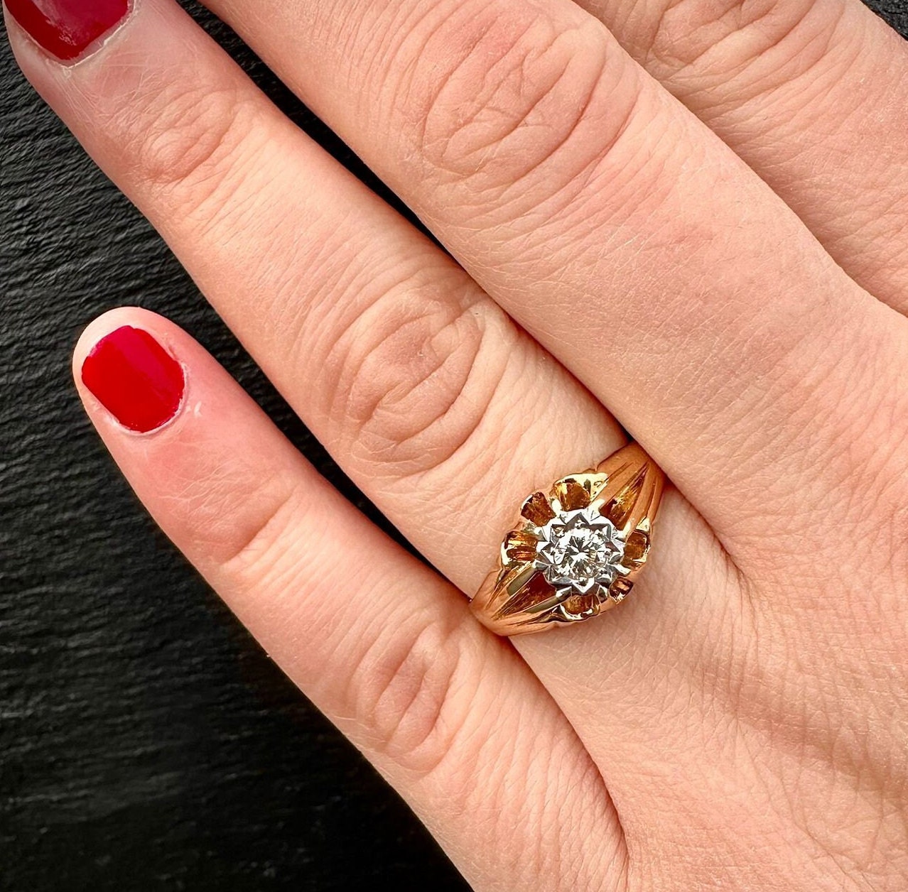 9ct | 9k Gold | Vintage | 0.25ct Diamond Gypsy Ring | Victorian Inspired Belcher Ring | Signet Ring | English Hallmarks | 1970s