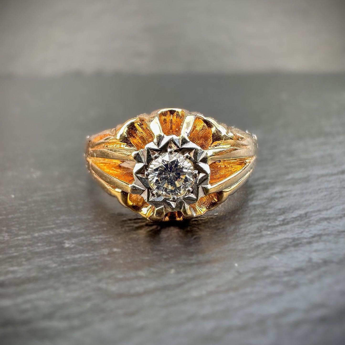 9ct | 9k Gold | Vintage | 0.25ct Diamond Gypsy Ring | Victorian Inspired Belcher Ring | Signet Ring | English Hallmarks | 1970s