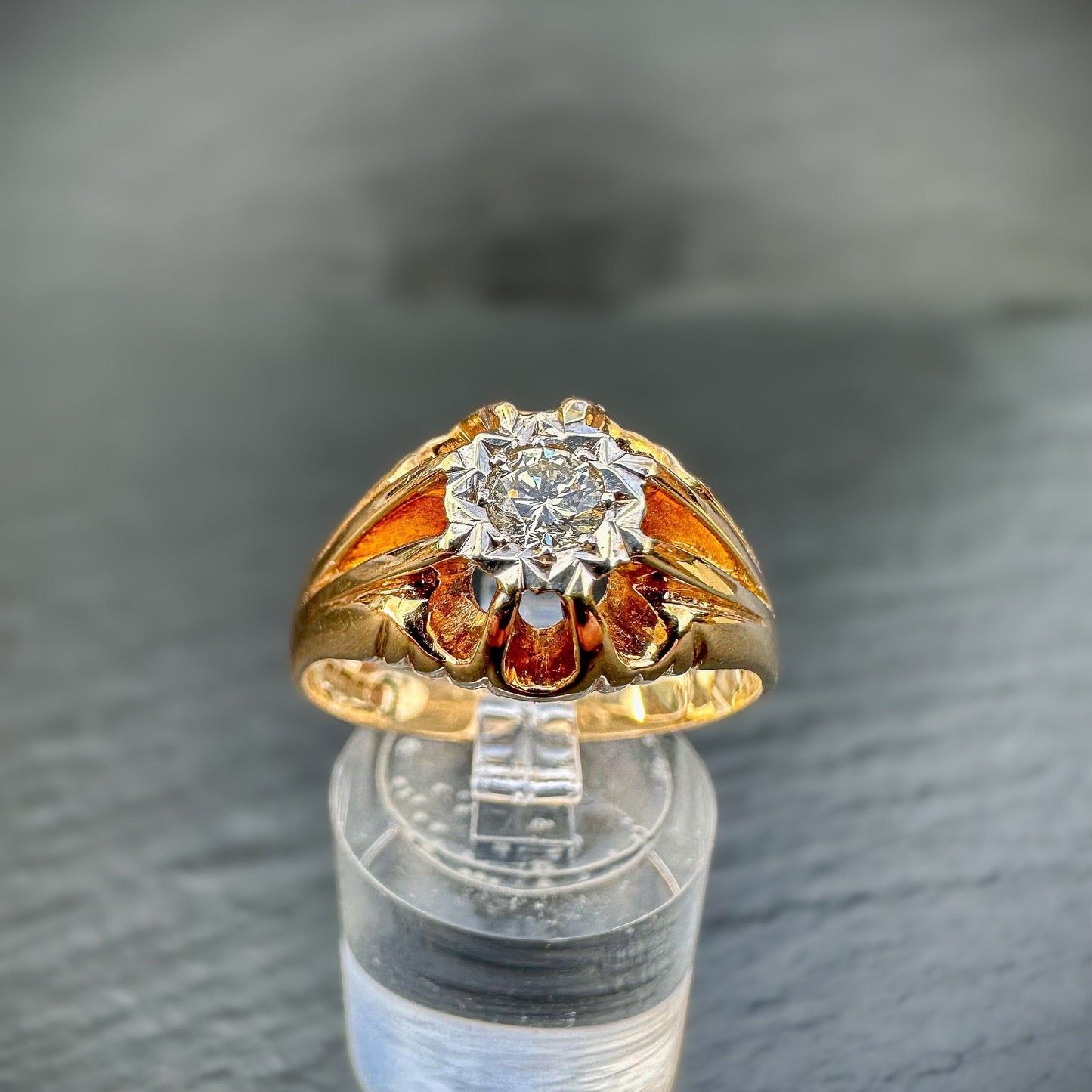 9ct | 9k Gold | Vintage | 0.25ct Diamond Gypsy Ring | Victorian Inspired Belcher Ring | Signet Ring | English Hallmarks | 1970s