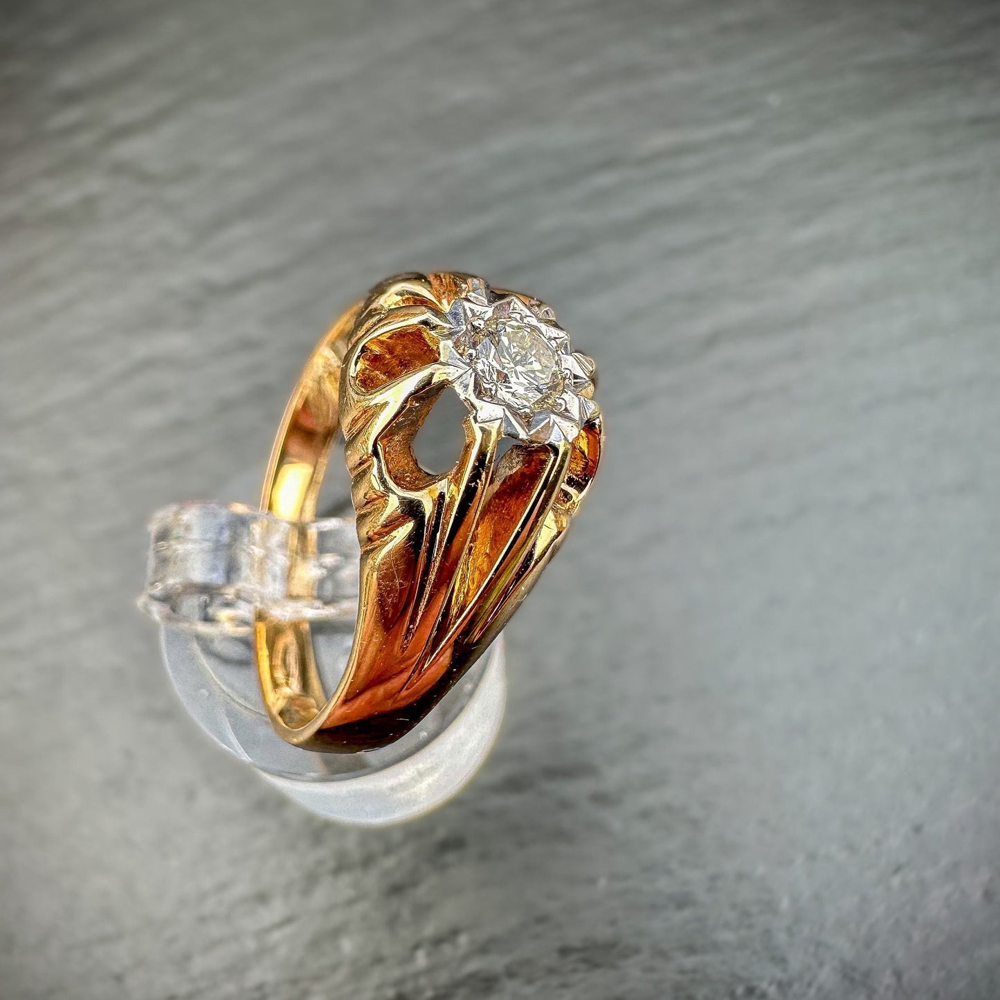 9ct | 9k Gold | Vintage | 0.25ct Diamond Gypsy Ring | Victorian Inspired Belcher Ring | Signet Ring | English Hallmarks | 1970s