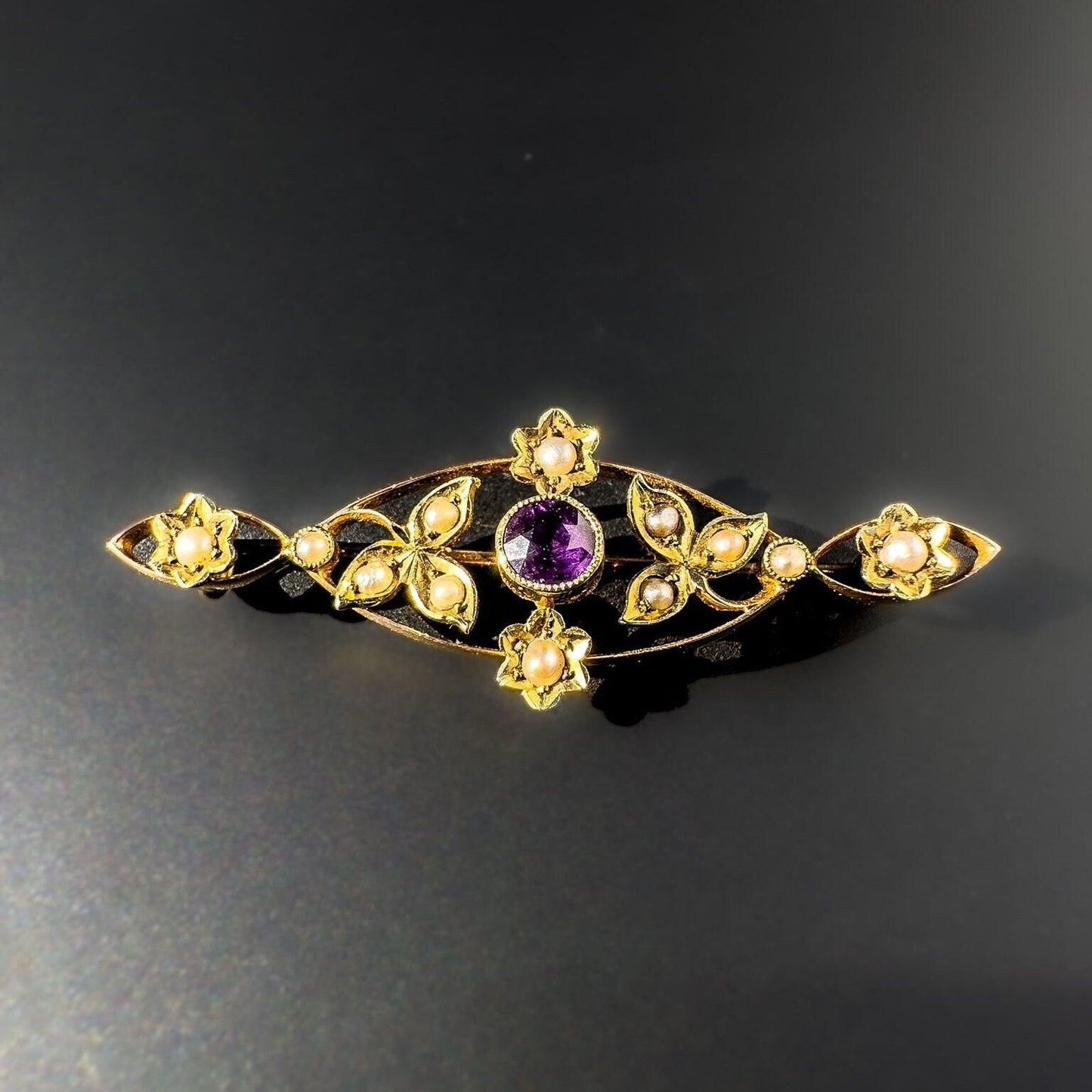 Antique, Edwardian, 15ct Yellow Gold, Floral Seed Pearl & Amethyst Brooch, 45mm X 15mm