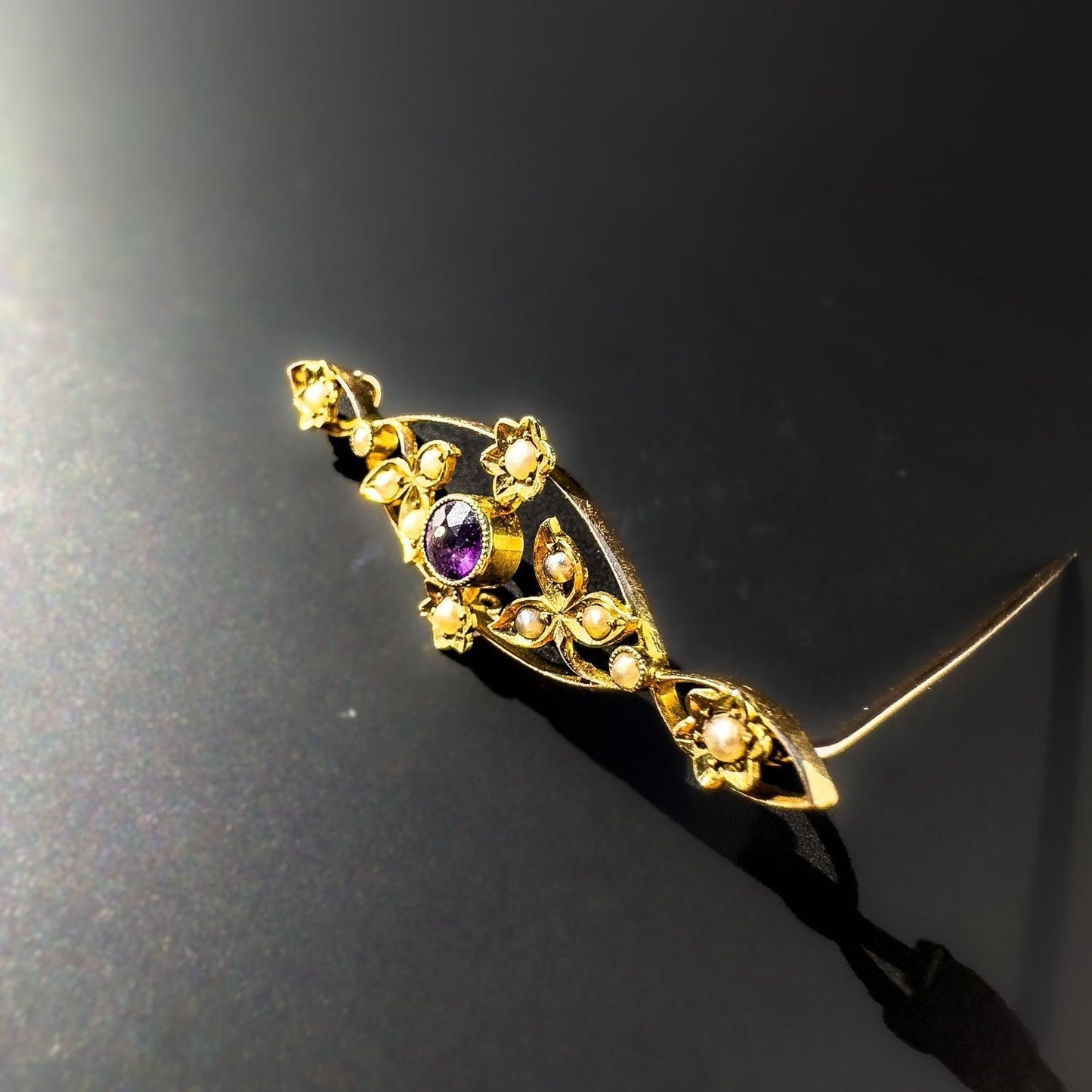 Antique, Edwardian, 15ct Yellow Gold, Floral Seed Pearl & Amethyst Brooch, 45mm X 15mm