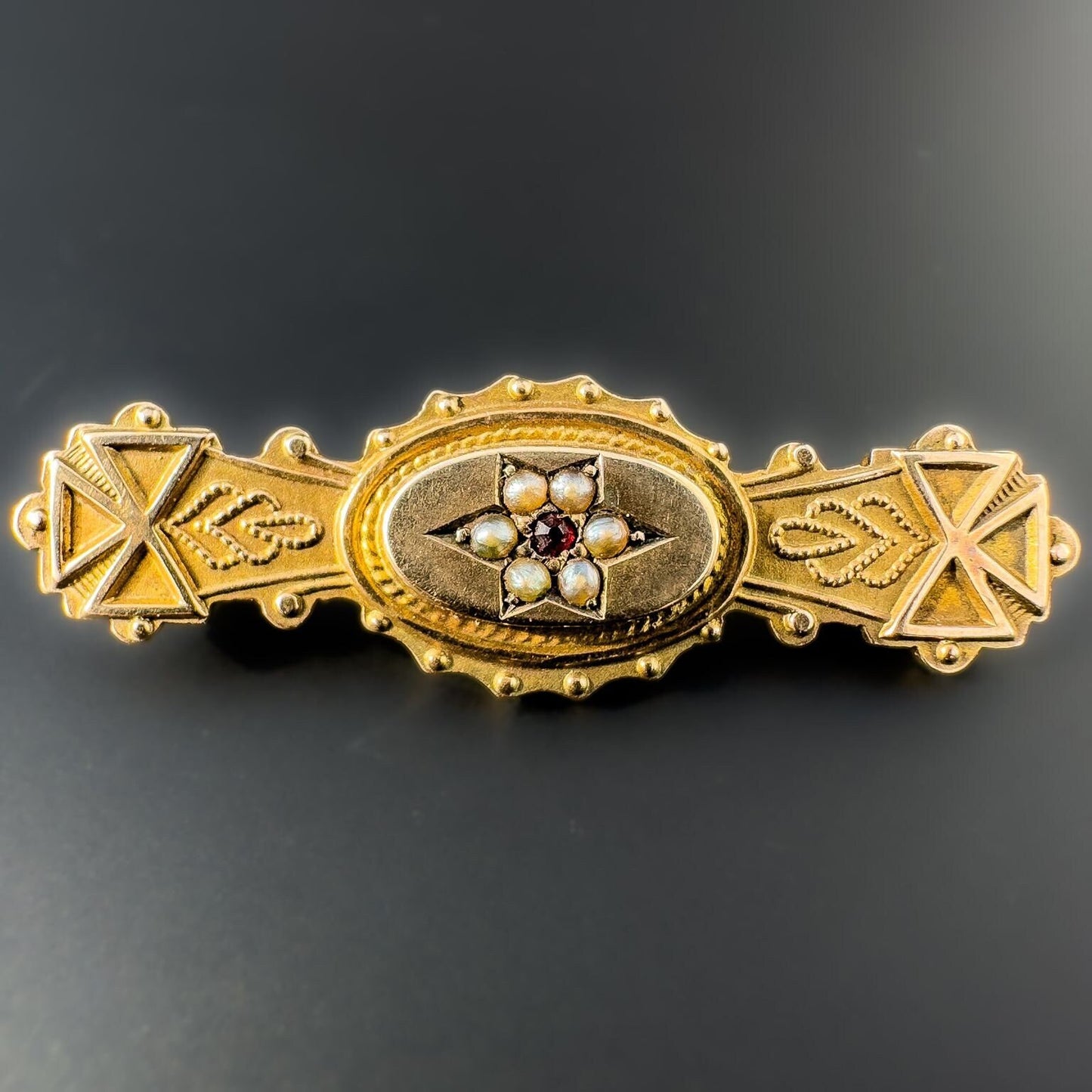 Antique, Victorian, 9ct Yellow Gold, Red Garnet & Seed Pearl Brooch, 1900 English Hallmarks, 39mm X 12mm