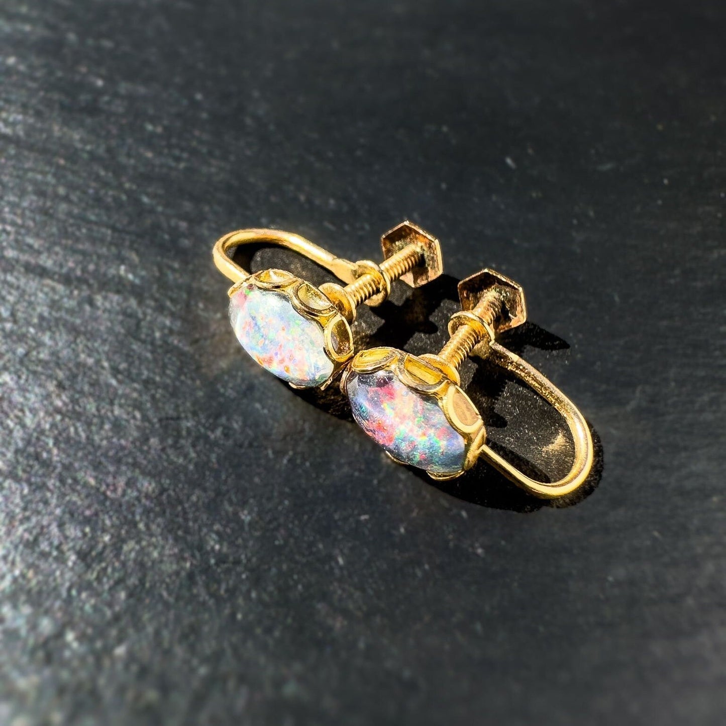 Vintage 9ct Yellow Gold, Opal Triplet Cabochon Earrings, Screw Back Earrings.