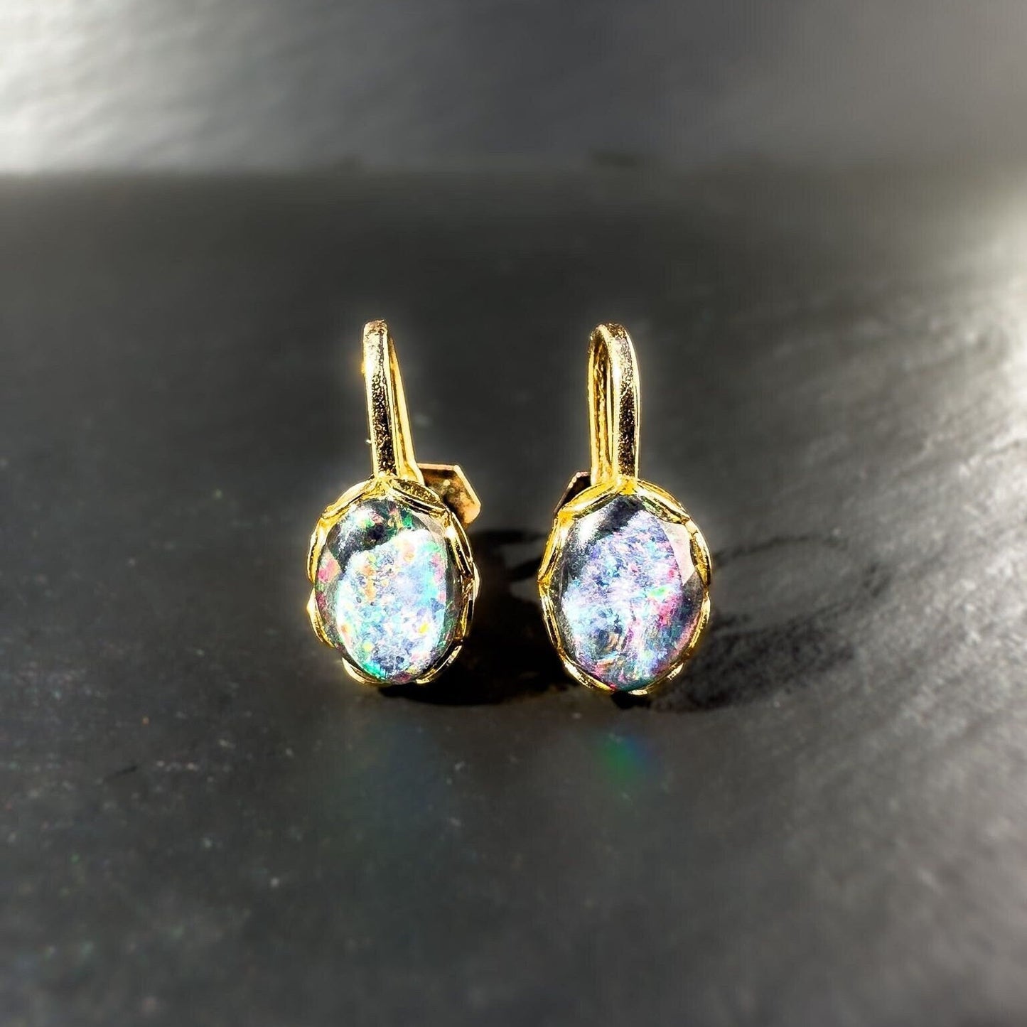 Vintage 9ct Yellow Gold, Opal Triplet Cabochon Earrings, Screw Back Earrings.