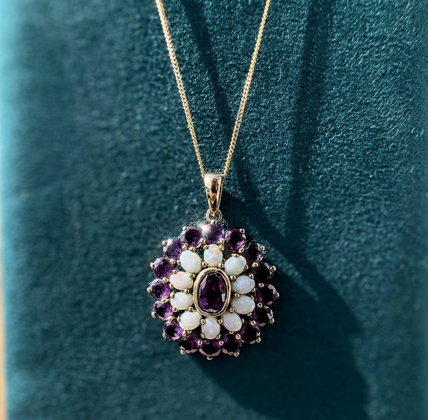 9ct Gold | Stunning | Vintage | Opal & Amethyst | Pendant Necklace Set | Floral Pendant Set | Jewelry Set | English Hallmarks |