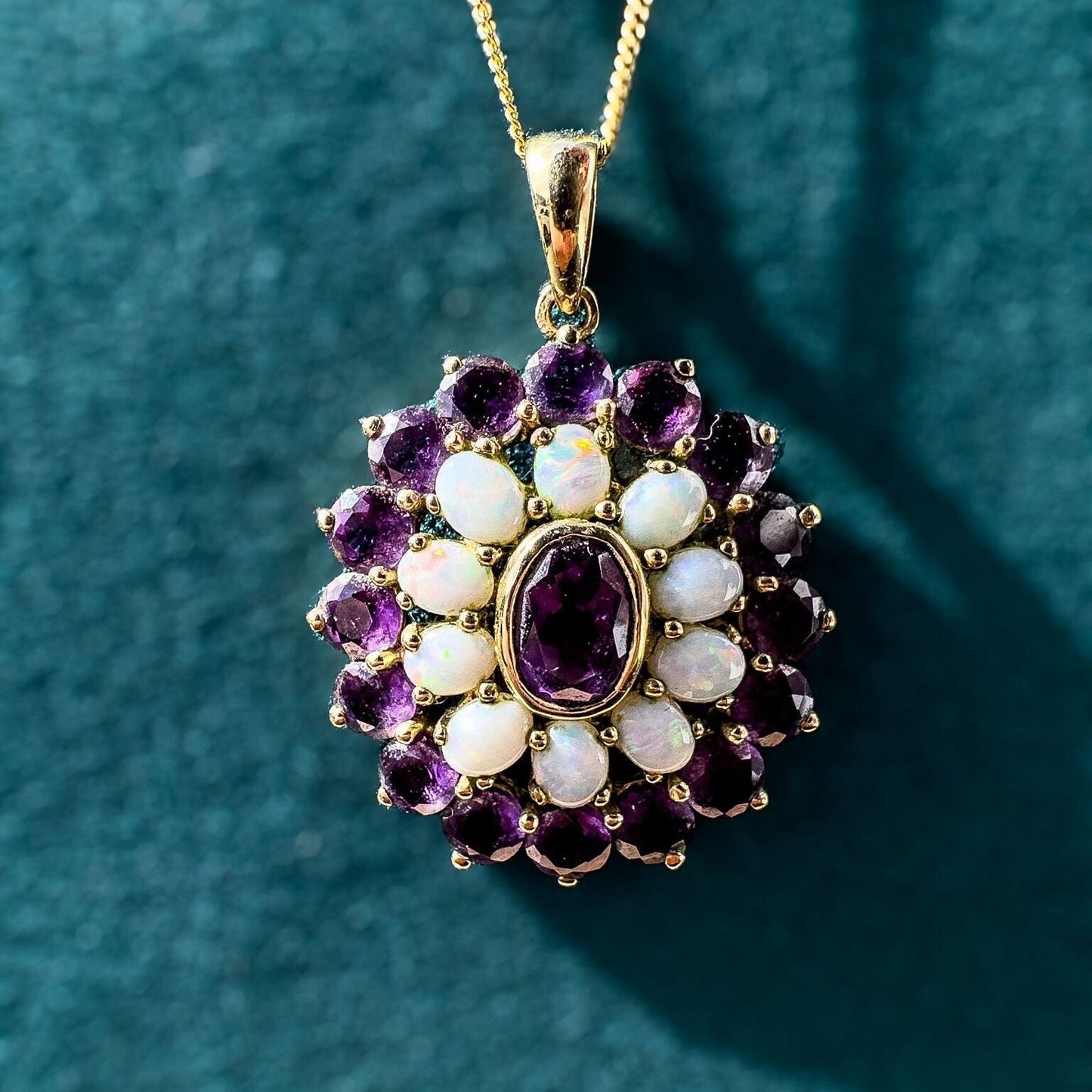9ct Gold | Stunning | Vintage | Opal & Amethyst | Pendant Necklace Set | Floral Pendant Set | Jewelry Set | English Hallmarks |