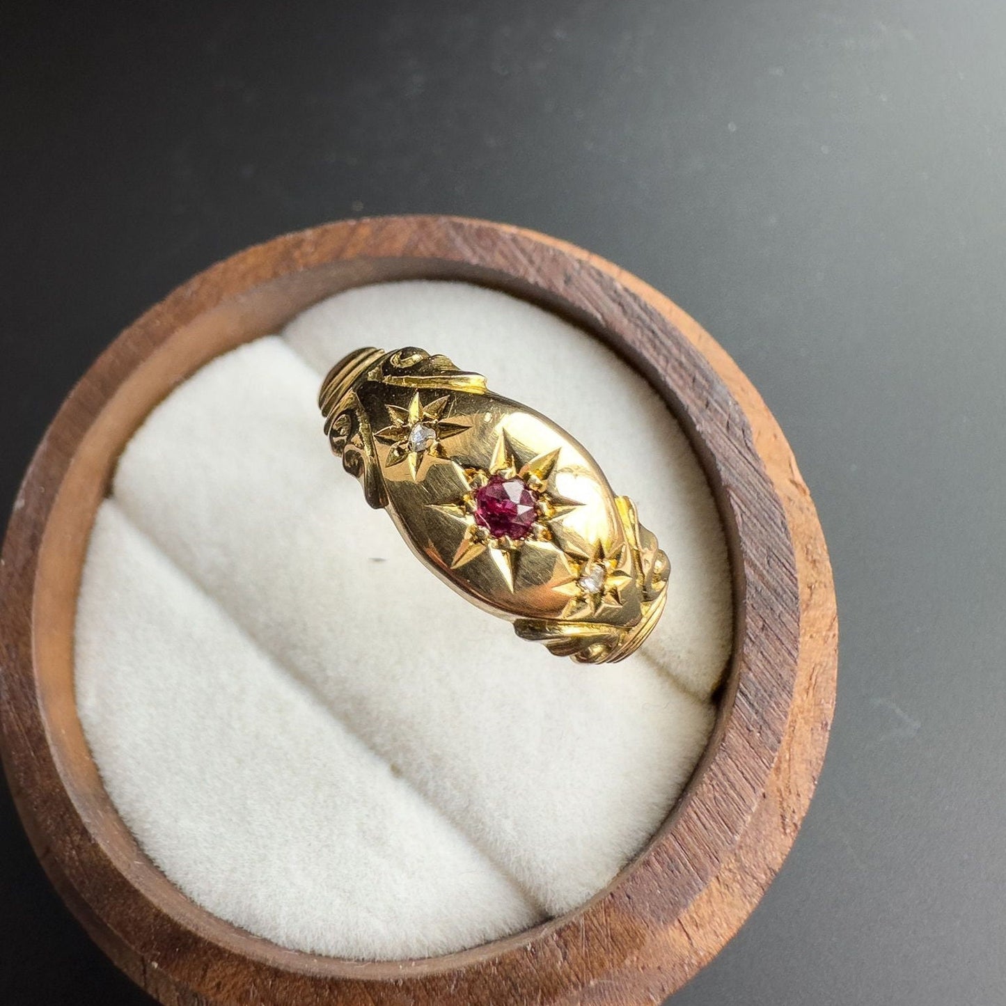18ct Gold | Victorian | Gypsy Ring | Starburst Set Ruby & Diamond | Solid Gold | Signet Ring | London 1915 Hallmarked |