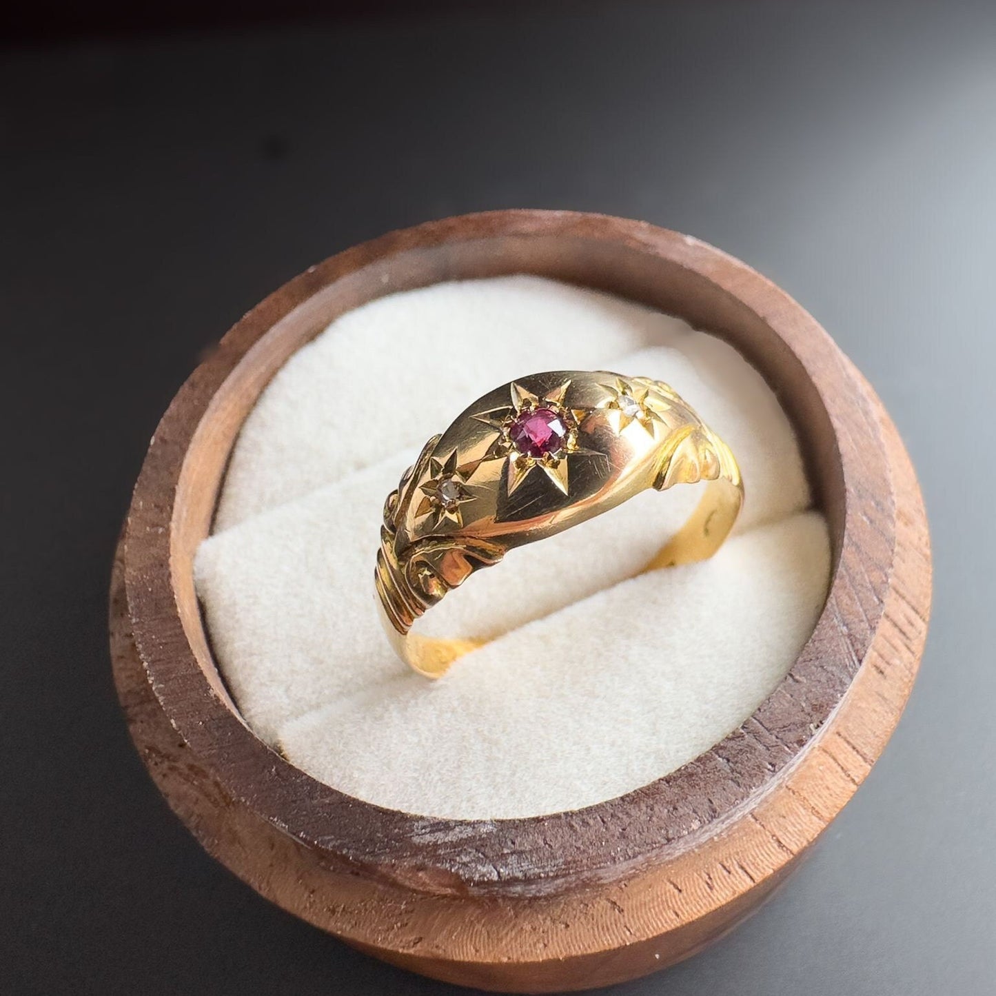 18ct Gold | Victorian | Gypsy Ring | Starburst Set Ruby & Diamond | Solid Gold | Signet Ring | London 1915 Hallmarked |
