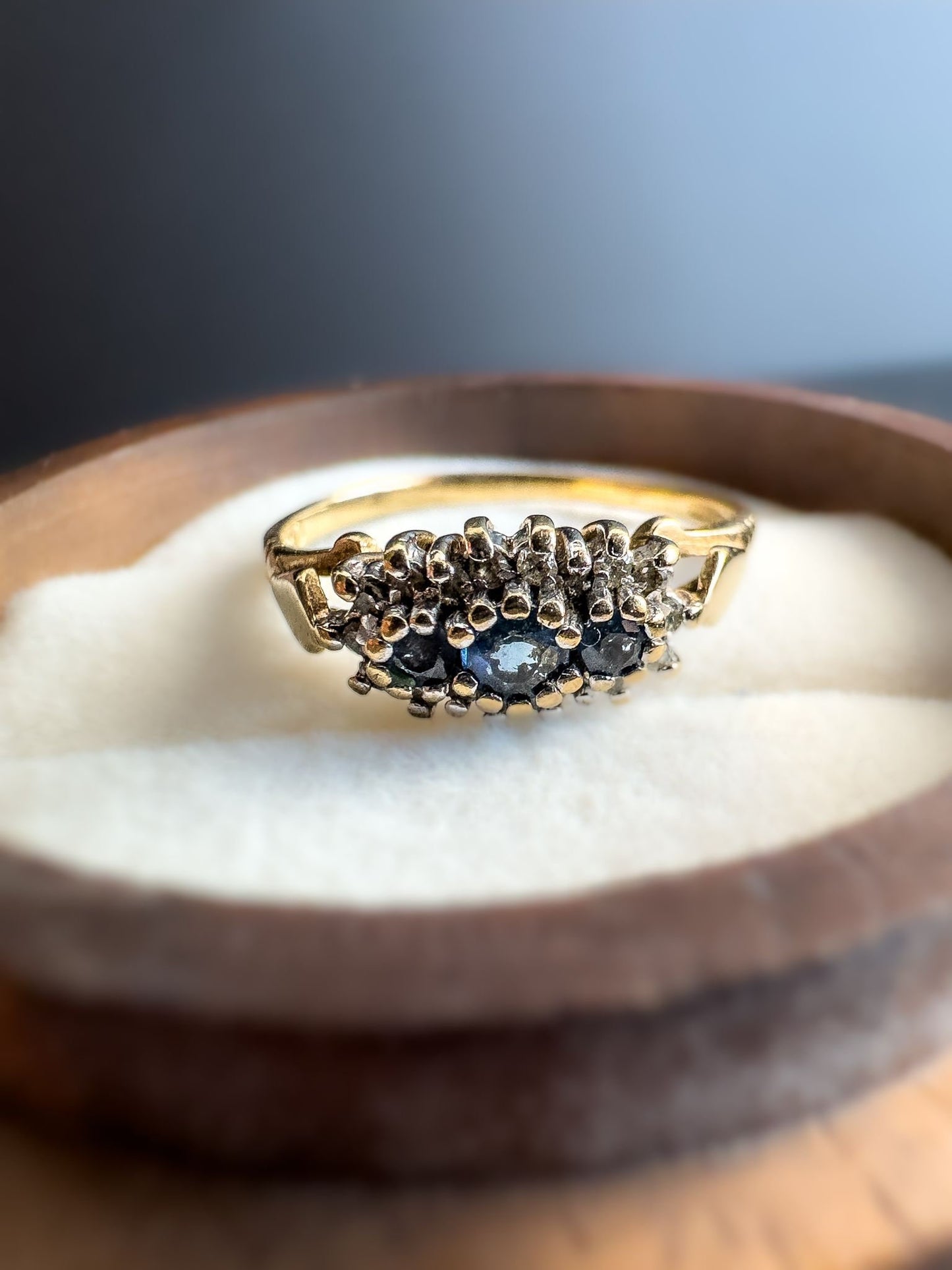 Beautiful | 9ct | 9K Gold | Vintage | Sapphire Trilogy & Diamond Cluster Ring | Multi Stone Ring | Statment Ring | English Hallmarks |