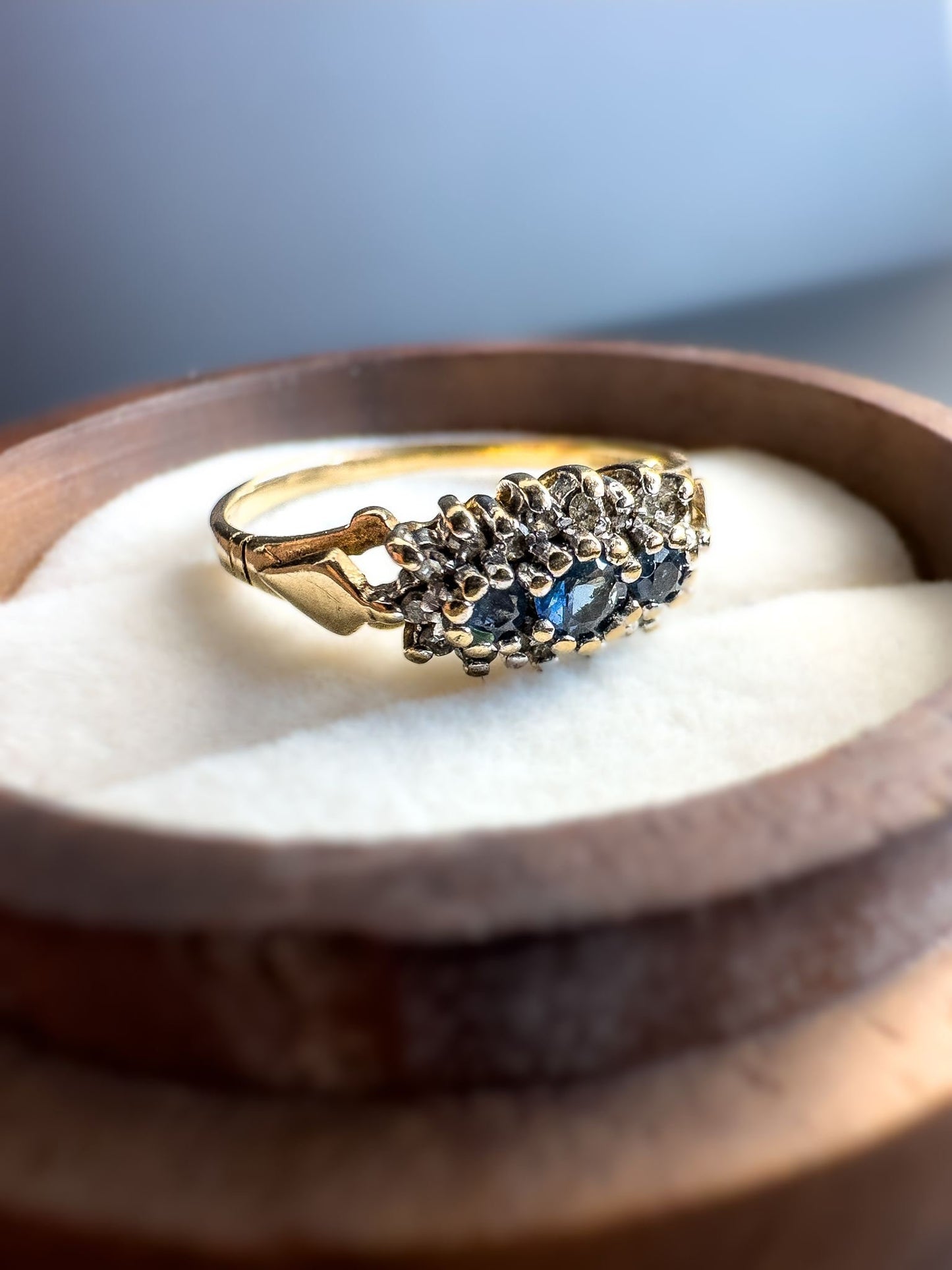 Beautiful | 9ct | 9K Gold | Vintage | Sapphire Trilogy & Diamond Cluster Ring | Multi Stone Ring | Statment Ring | English Hallmarks |