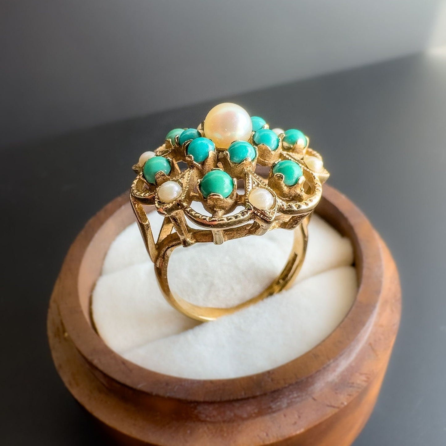 9ct | 9K Gold | Vintage | Stately Victorian Inspired | Turquoise & Pearl Cluster Ring | Multi Stone Ring | English Hallmarks |