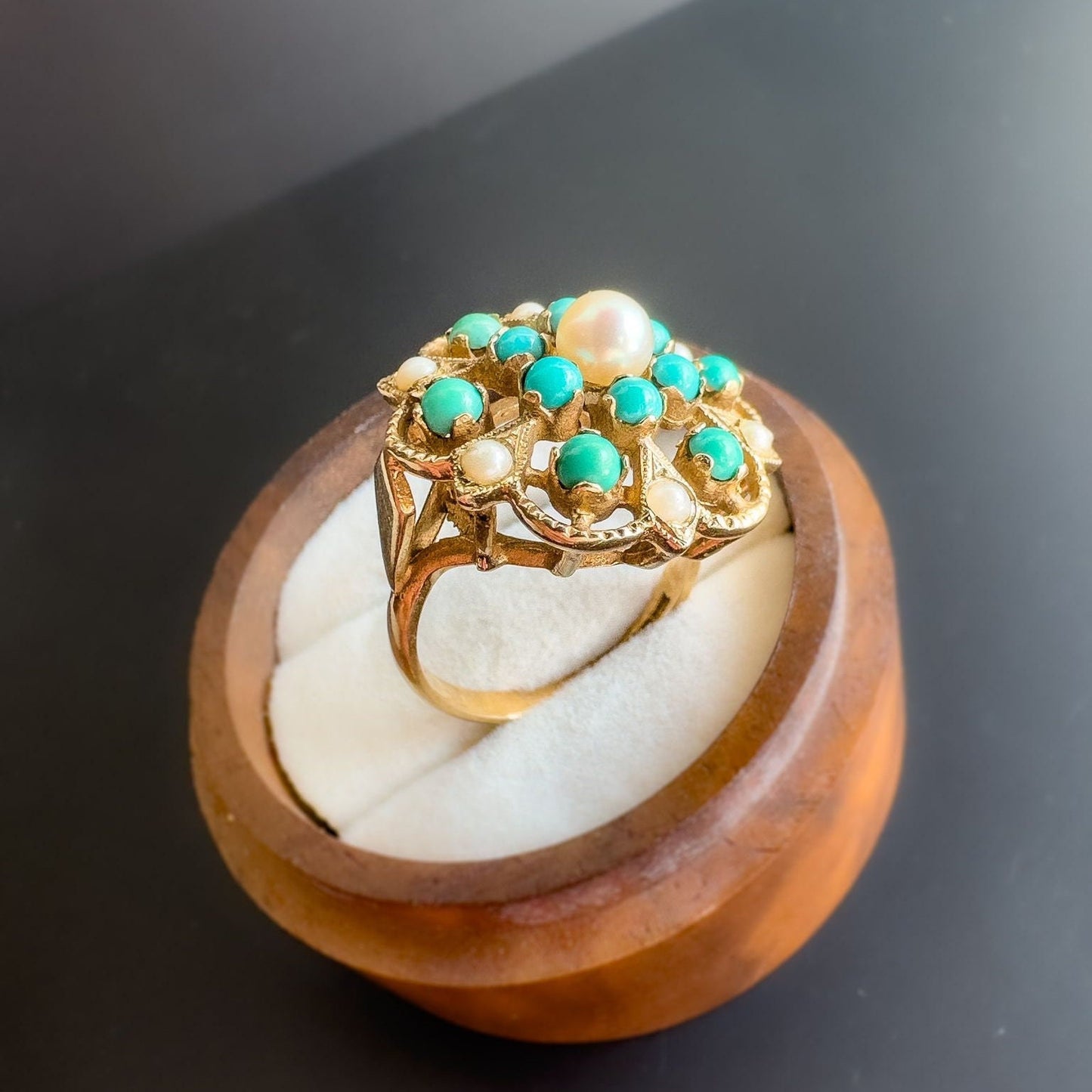 9ct | 9K Gold | Vintage | Stately Victorian Inspired | Turquoise & Pearl Cluster Ring | Multi Stone Ring | English Hallmarks |
