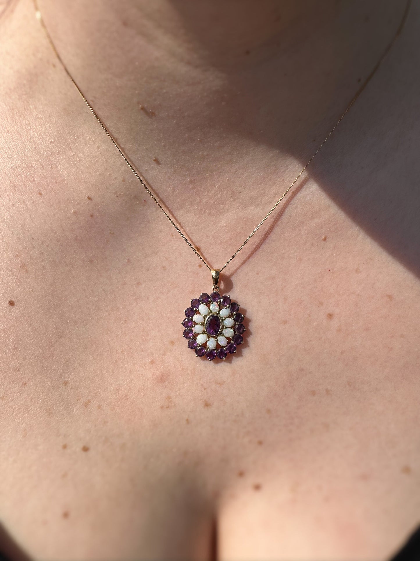 9ct Gold | Stunning | Vintage | Opal & Amethyst | Pendant Necklace Set | Floral Pendant Set | Jewelry Set | English Hallmarks |
