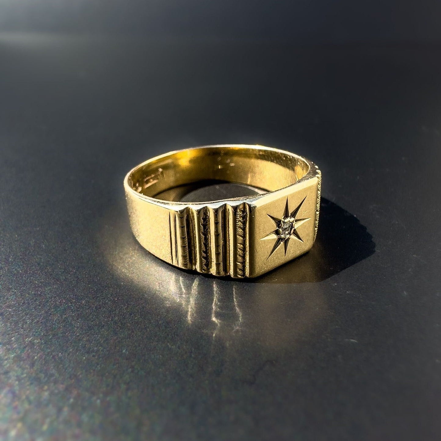 9ct Gold | Solid Gold | Vintage | Diamond Set Gypsy Ring | Large Signet Ring | UK SIze W 1/2 | English Hallmarks |