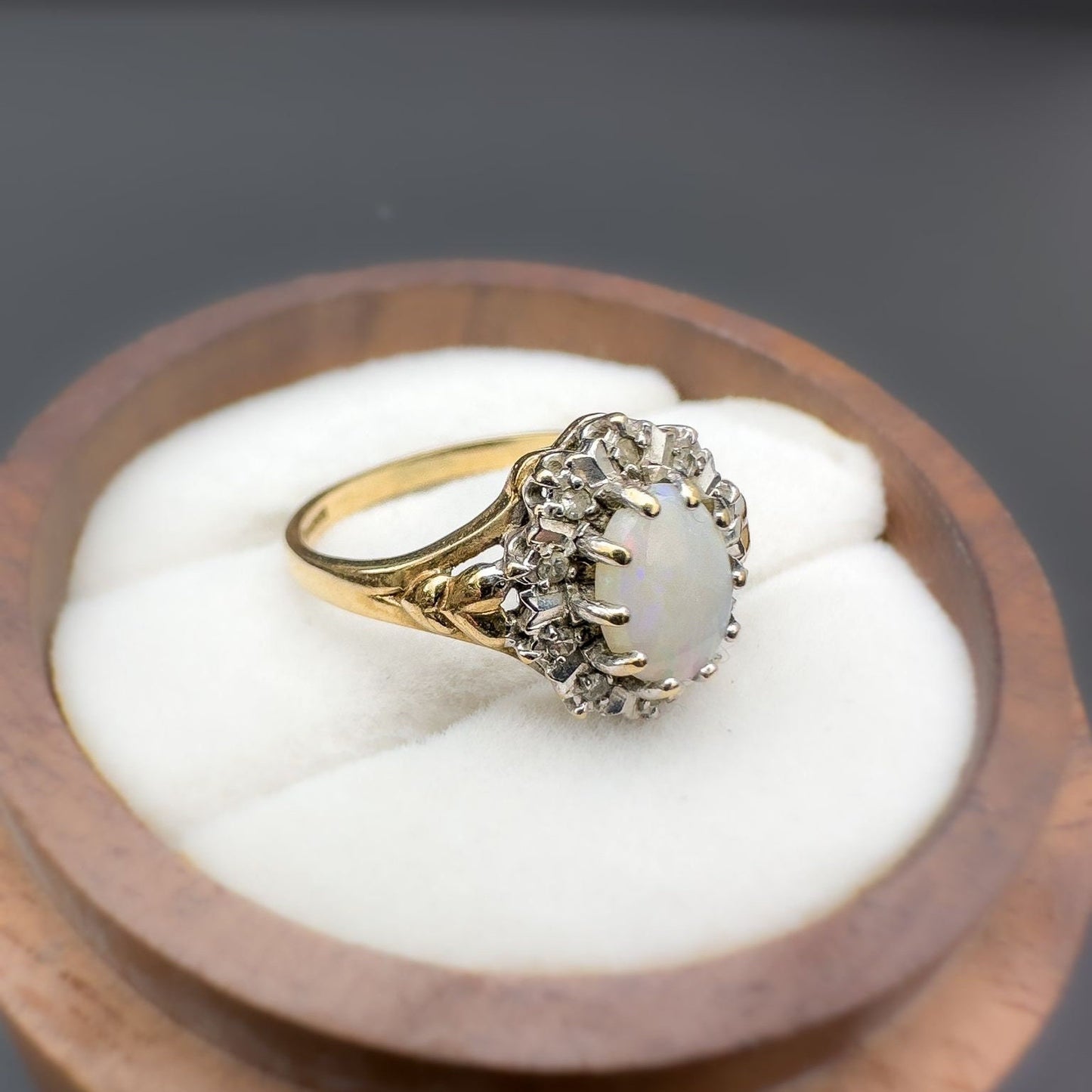 9ct | 9K Gold | Vintage | Colourful Natural White Opal & Diamond Halo Ring | Multi Stone | Statement Ring | Hallmarked |