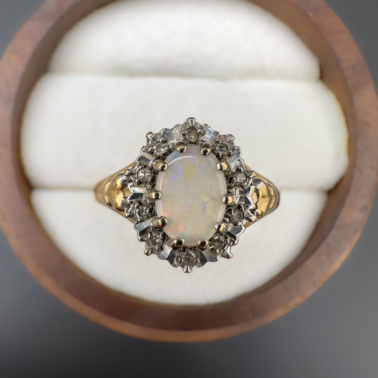 9ct | 9K Gold | Vintage | Colourful Natural White Opal & Diamond Halo Ring | Multi Stone | Statement Ring | Hallmarked |
