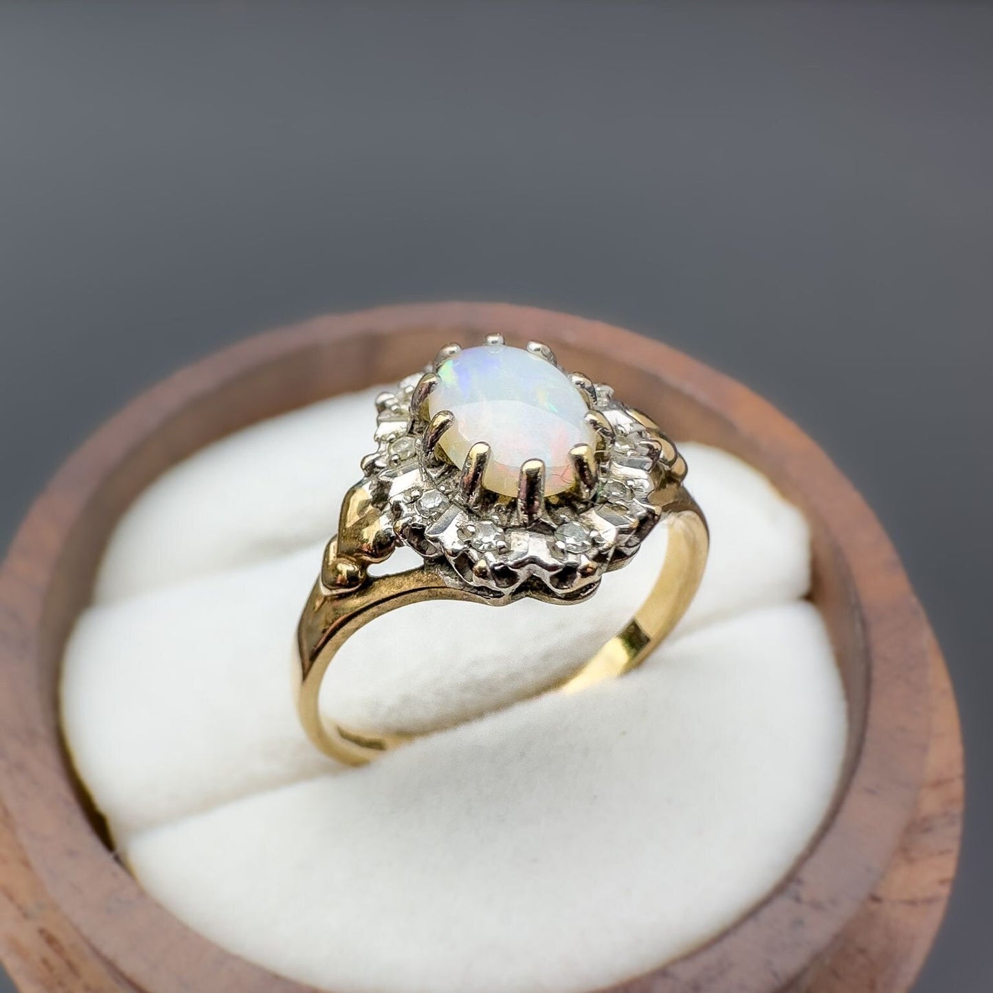 9ct | 9K Gold | Vintage | Colourful Natural White Opal & Diamond Halo Ring | Multi Stone | Statement Ring | Hallmarked |
