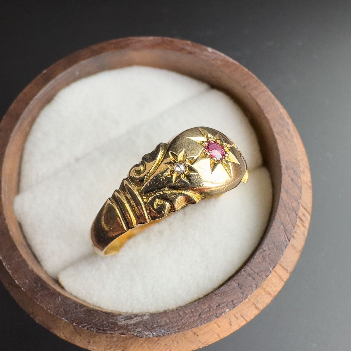 18ct Gold | Victorian | Gypsy Ring | Starburst Set Ruby & Diamond | Solid Gold | Signet Ring | London 1915 Hallmarked |