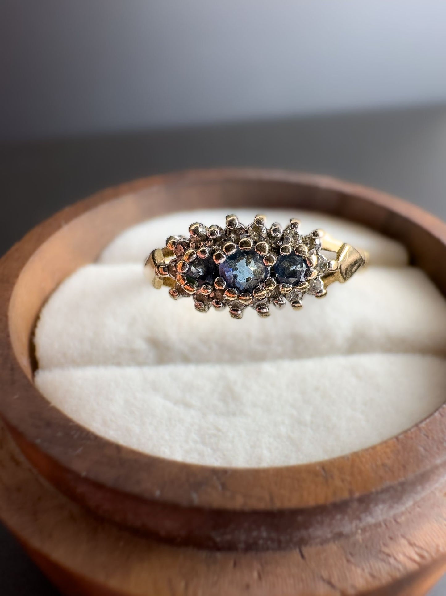 Beautiful | 9ct | 9K Gold | Vintage | Sapphire Trilogy & Diamond Cluster Ring | Multi Stone Ring | Statment Ring | English Hallmarks |