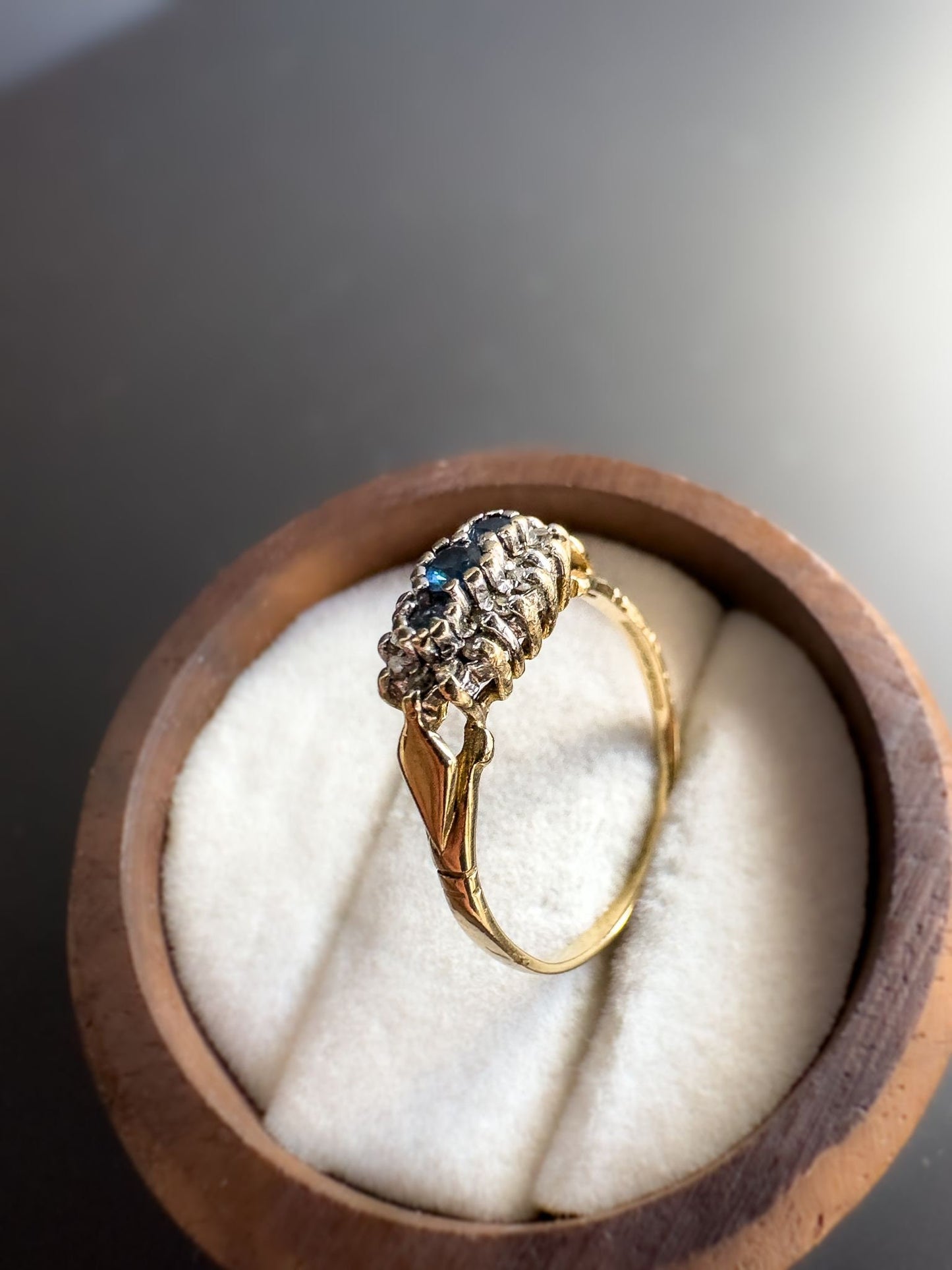 Beautiful | 9ct | 9K Gold | Vintage | Sapphire Trilogy & Diamond Cluster Ring | Multi Stone Ring | Statment Ring | English Hallmarks |