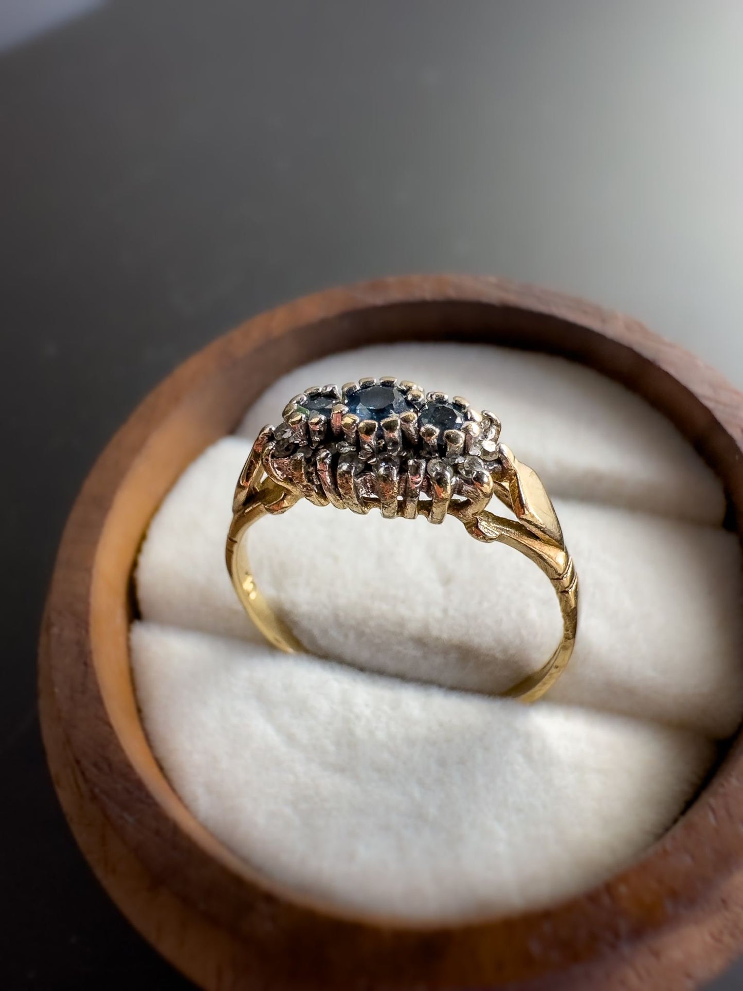 Beautiful | 9ct | 9K Gold | Vintage | Sapphire Trilogy & Diamond Cluster Ring | Multi Stone Ring | Statment Ring | English Hallmarks |