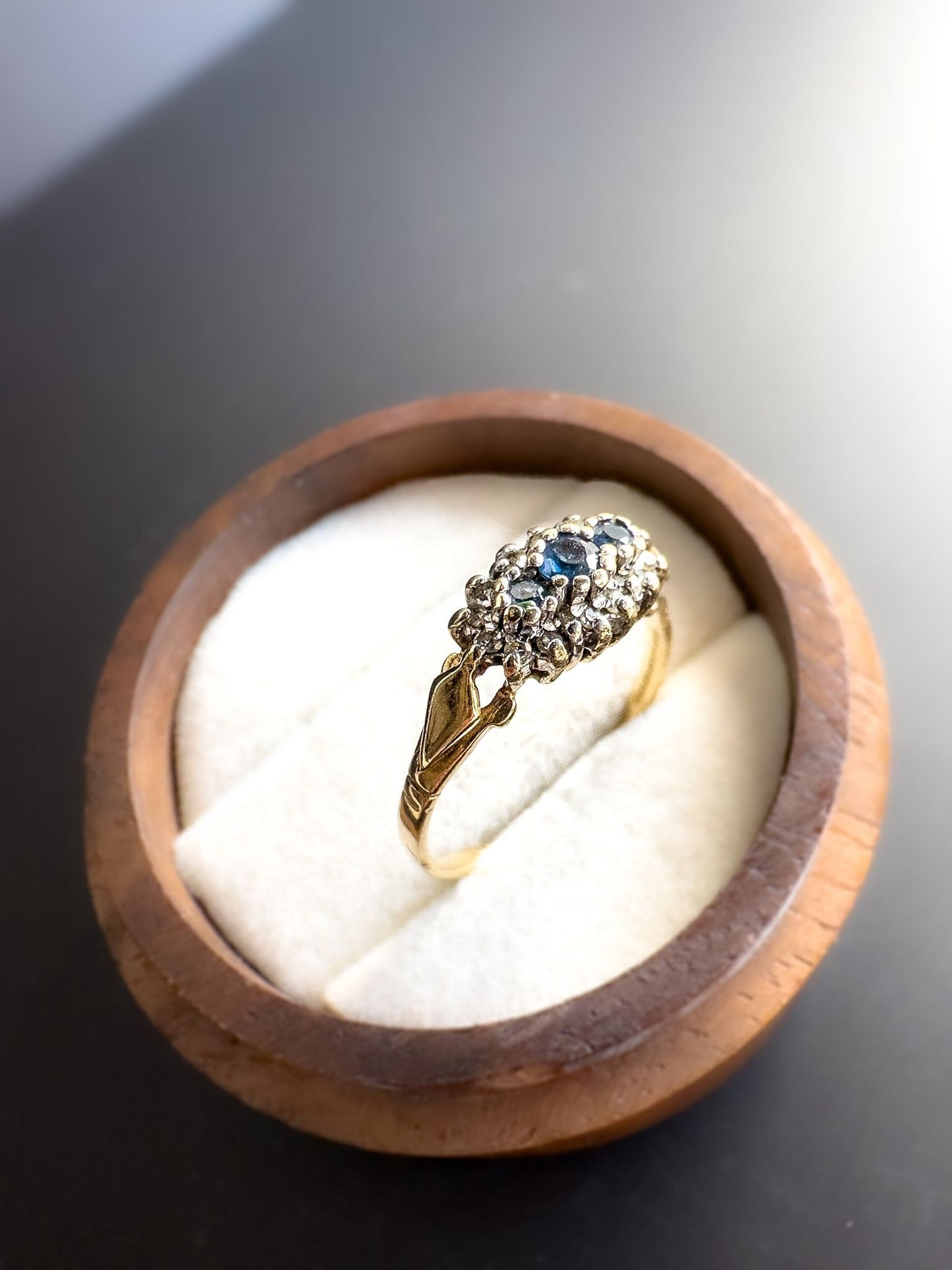 Beautiful | 9ct | 9K Gold | Vintage | Sapphire Trilogy & Diamond Cluster Ring | Multi Stone Ring | Statment Ring | English Hallmarks |