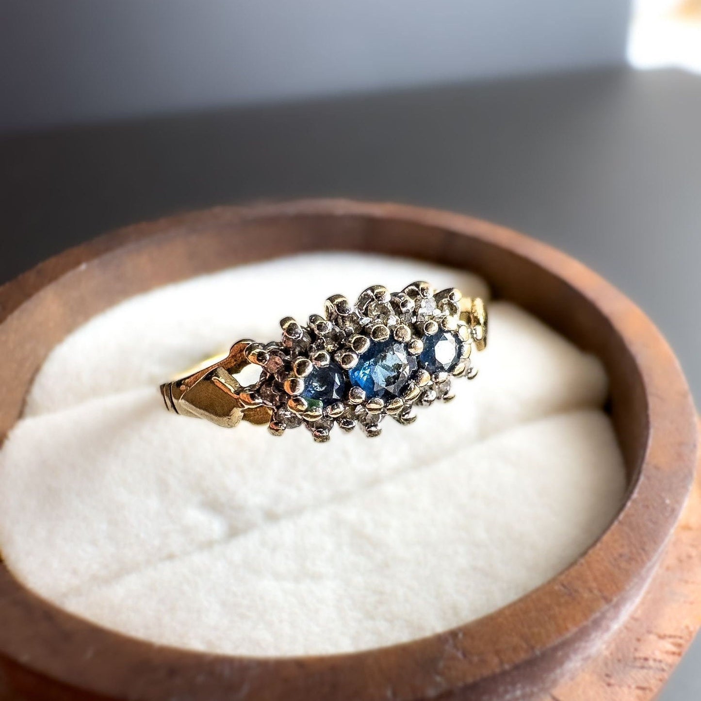 Beautiful | 9ct | 9K Gold | Vintage | Sapphire Trilogy & Diamond Cluster Ring | Multi Stone Ring | Statment Ring | English Hallmarks |