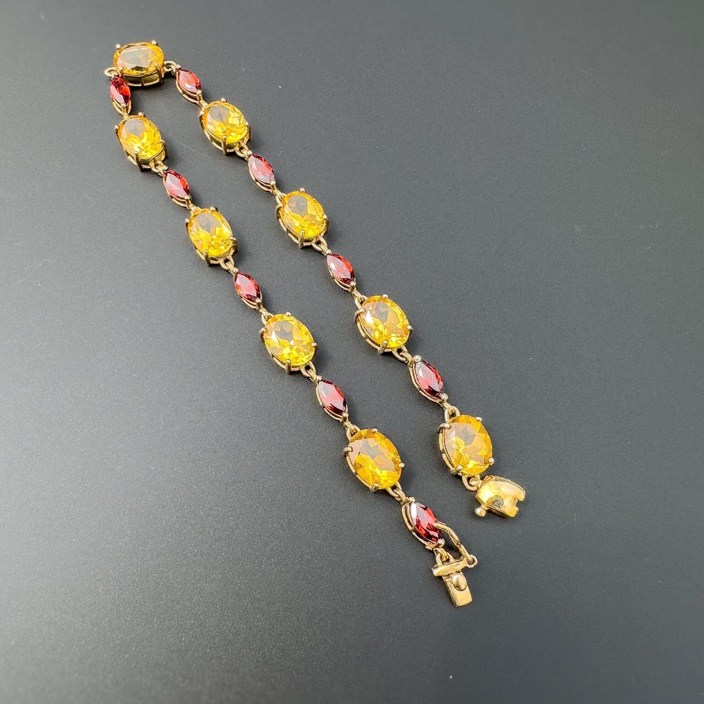 Beautiful | 9ct | 9k Gold | Vintage | Red Garnet and Yellow Citrine Gemstone link Bracelet | English Hallmarks |