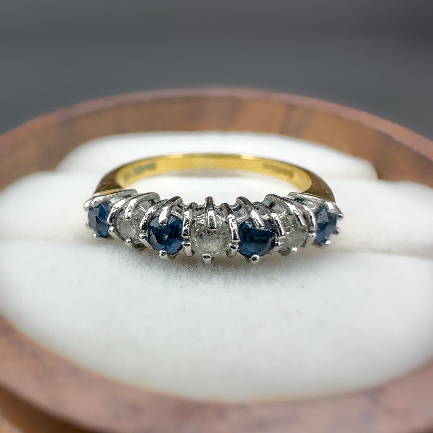 18ct Solid Gold Vintage Blue Topaz & Diamond Half Eternity Ring, Seven Stone Band, Vintage Fine Jewelry Gift | Hallmarked | UK K - US 5.25
