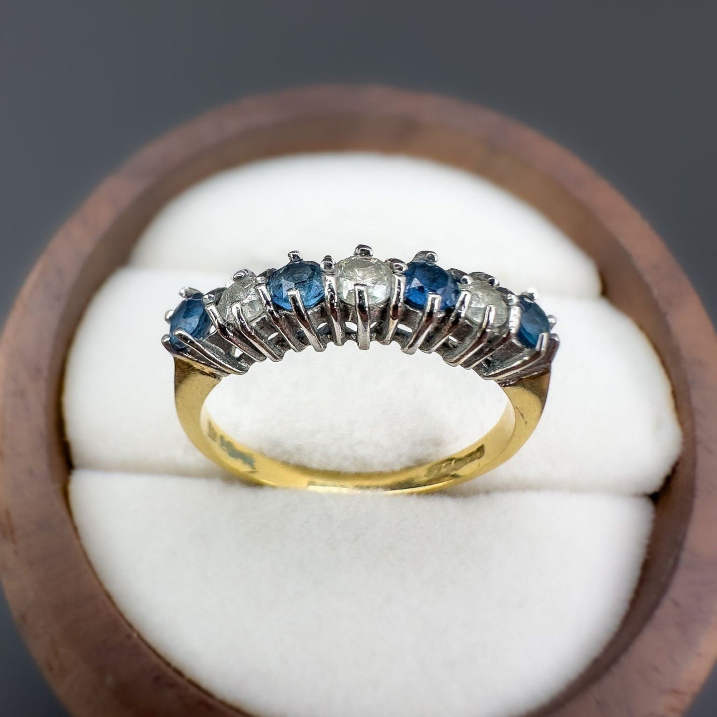 18ct Solid Gold Vintage Blue Topaz & Diamond Half Eternity Ring, Seven Stone Band, Vintage Fine Jewelry Gift | Hallmarked | UK K - US 5.25