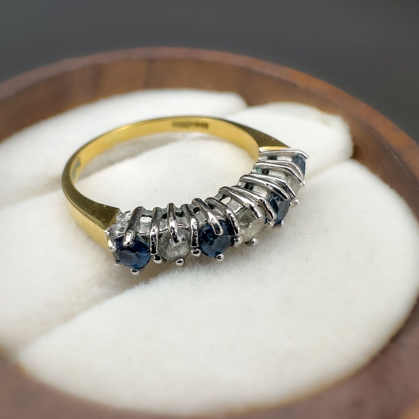 18ct Solid Gold Vintage Blue Topaz & Diamond Half Eternity Ring, Seven Stone Band, Vintage Fine Jewelry Gift | Hallmarked | UK K - US 5.25