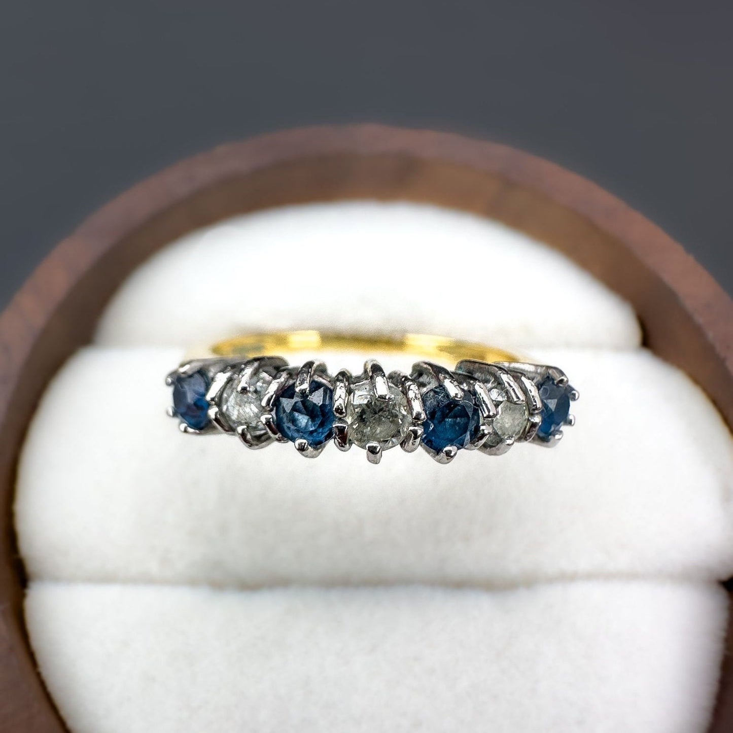 18ct Solid Gold Vintage Blue Topaz & Diamond Half Eternity Ring, Seven Stone Band, Vintage Fine Jewelry Gift | Hallmarked | UK K - US 5.25