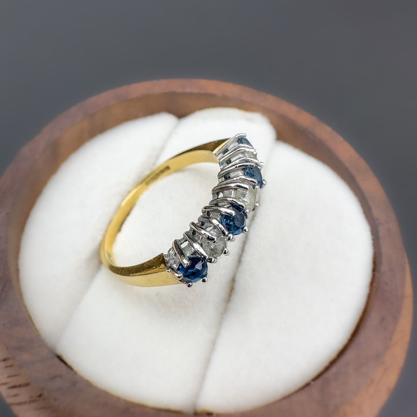 18ct Solid Gold Vintage Blue Topaz & Diamond Half Eternity Ring, Seven Stone Band, Vintage Fine Jewelry Gift | Hallmarked | UK K - US 5.25