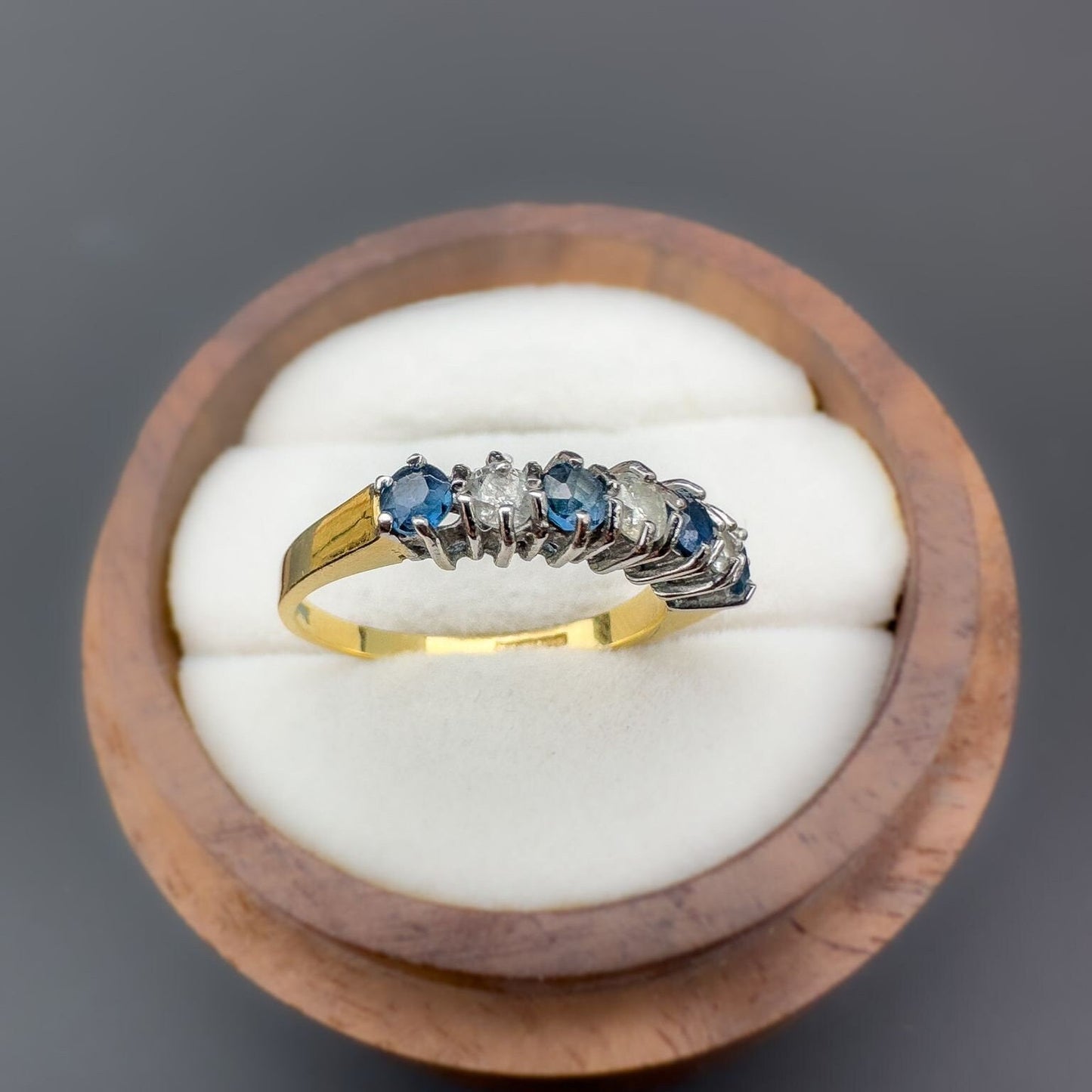 18ct Solid Gold Vintage Blue Topaz & Diamond Half Eternity Ring, Seven Stone Band, Vintage Fine Jewelry Gift | Hallmarked | UK K - US 5.25