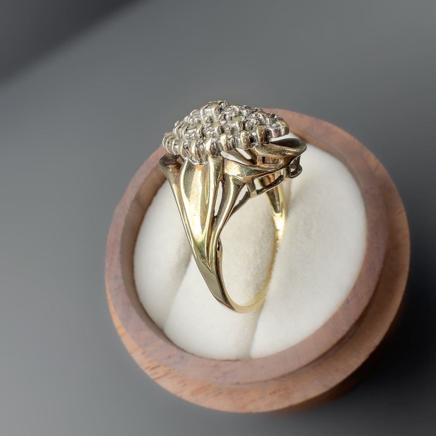 9ct | 9k Gold | Vintage | Very Fancy Foliate Diamond Marquise Shaped Cluster Ring | Statement Ring | Multi Stone Ring | English Hallmarks |