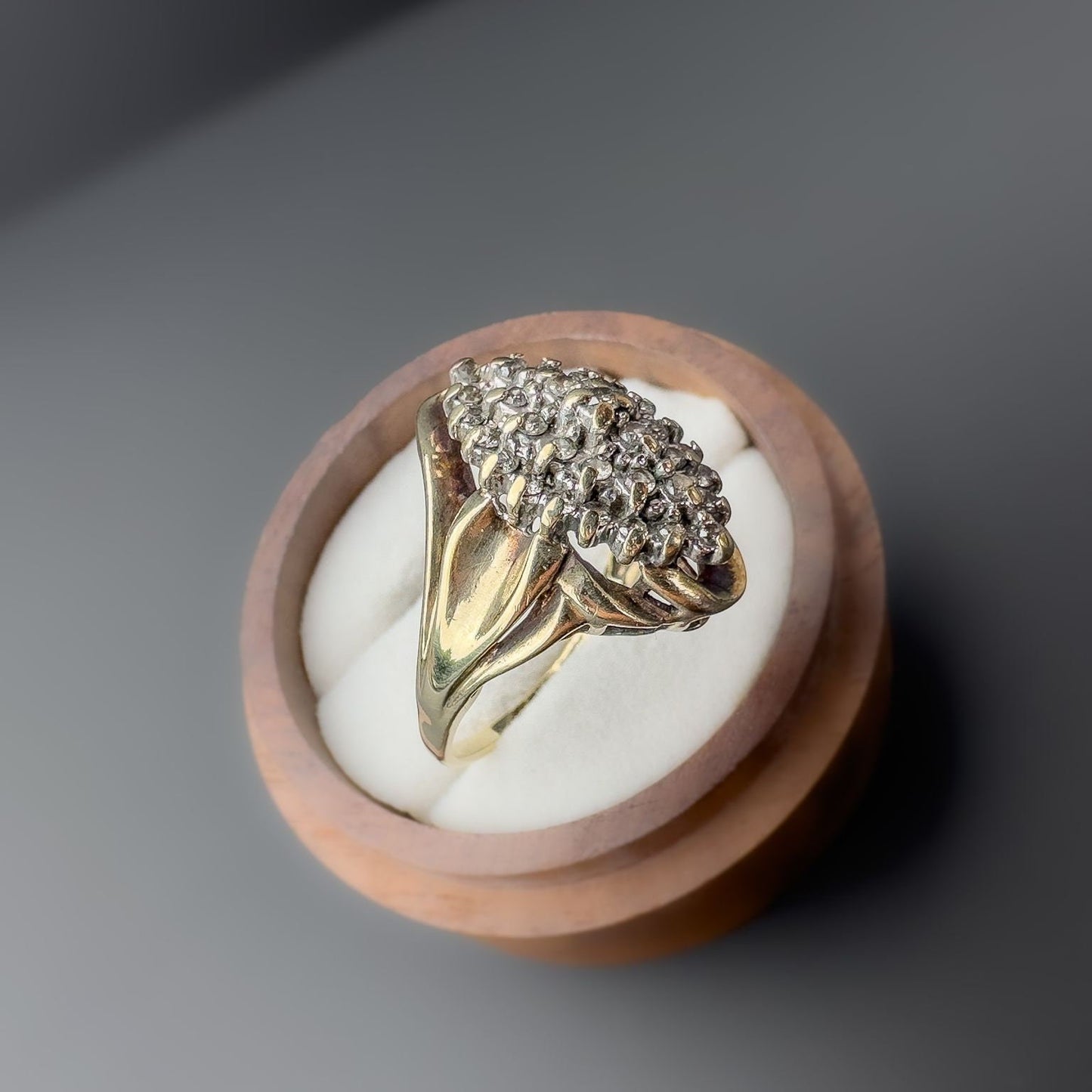 9ct | 9k Gold | Vintage | Very Fancy Foliate Diamond Marquise Shaped Cluster Ring | Statement Ring | Multi Stone Ring | English Hallmarks |