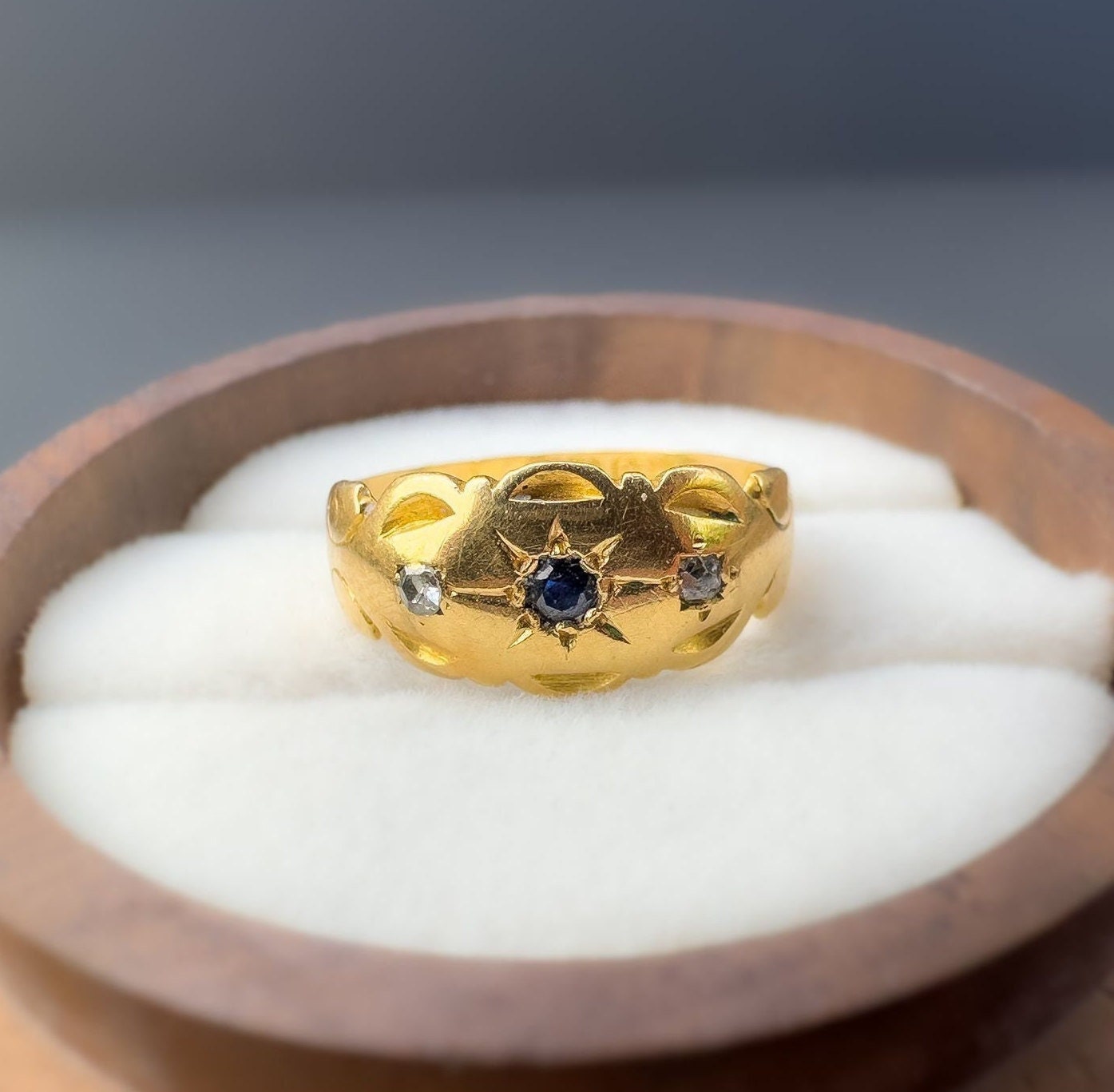 18ct | 18k Gold | Victorian | Sapphire & Diamond Trilogy Gypsy Ring | Pinky Ring | Gypsy Bands | English Hallmarks | Birmingham |