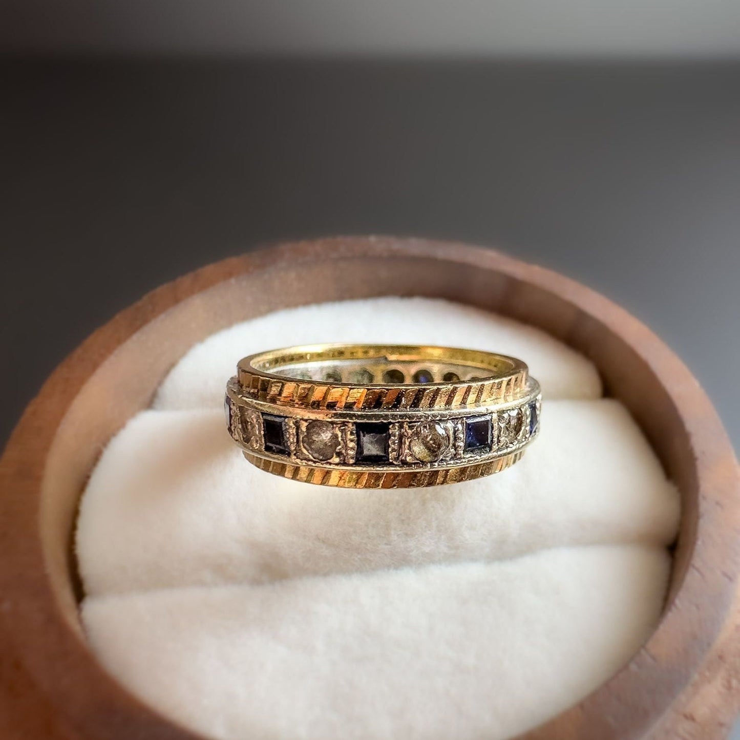 9ct | 9k Gold | Vintage Bi Coloured Eternity Band | Blue Sapphire & Zircona | Eternity Ring | English Hallmarks | UK size K | US 5.25 |