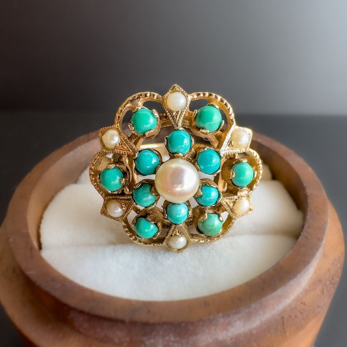 9ct | 9K Gold | Vintage | Stately Victorian Inspired | Turquoise & Pearl Cluster Ring | Multi Stone Ring | English Hallmarks |