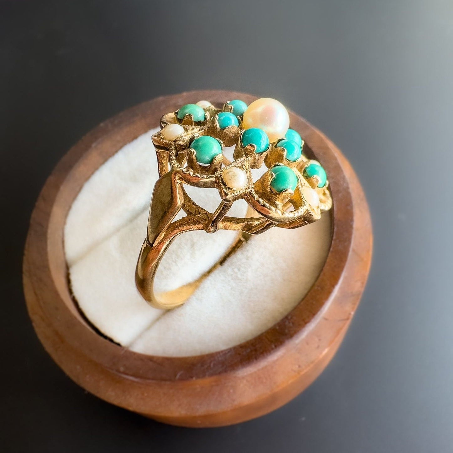9ct | 9K Gold | Vintage | Stately Victorian Inspired | Turquoise & Pearl Cluster Ring | Multi Stone Ring | English Hallmarks |
