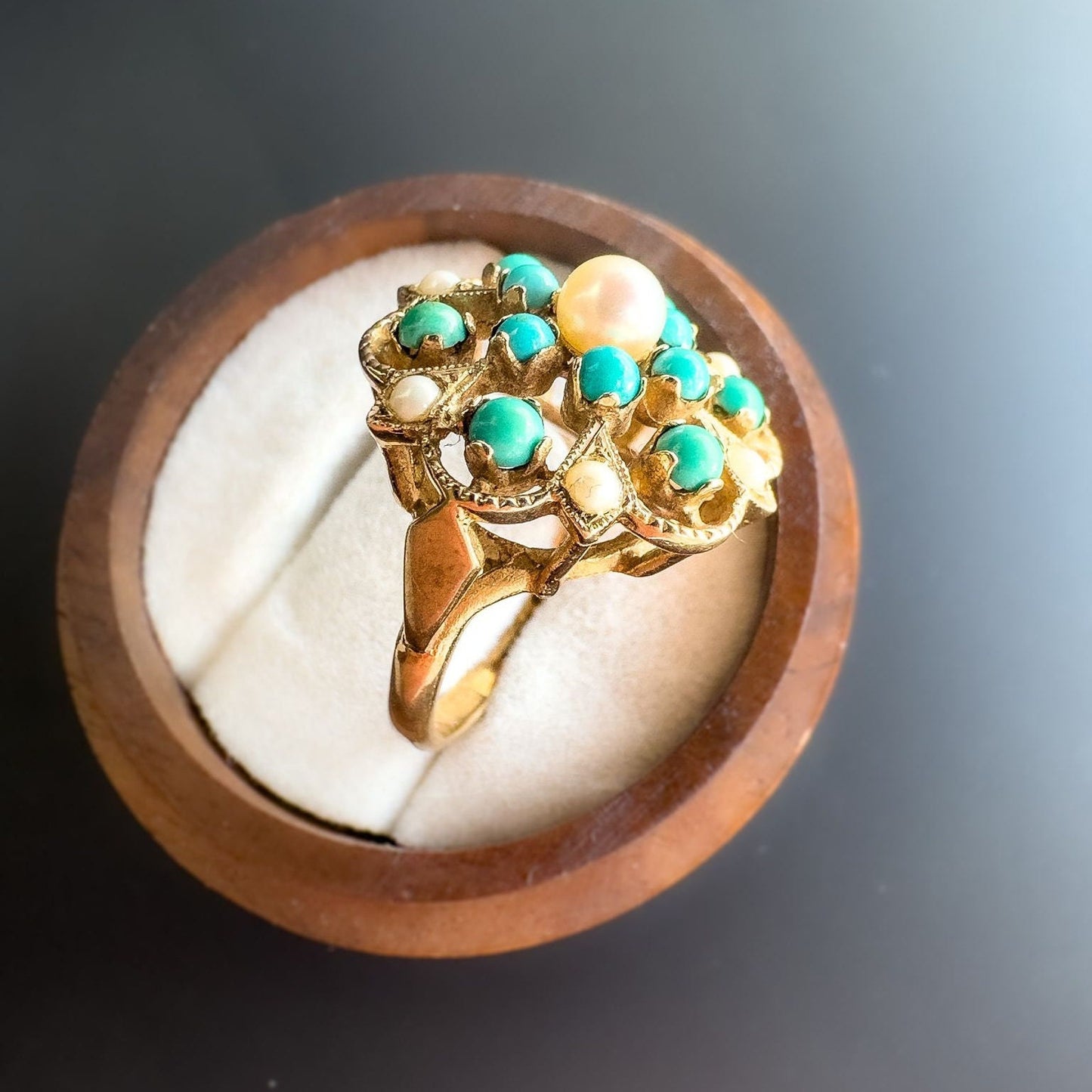 9ct | 9K Gold | Vintage | Stately Victorian Inspired | Turquoise & Pearl Cluster Ring | Multi Stone Ring | English Hallmarks |