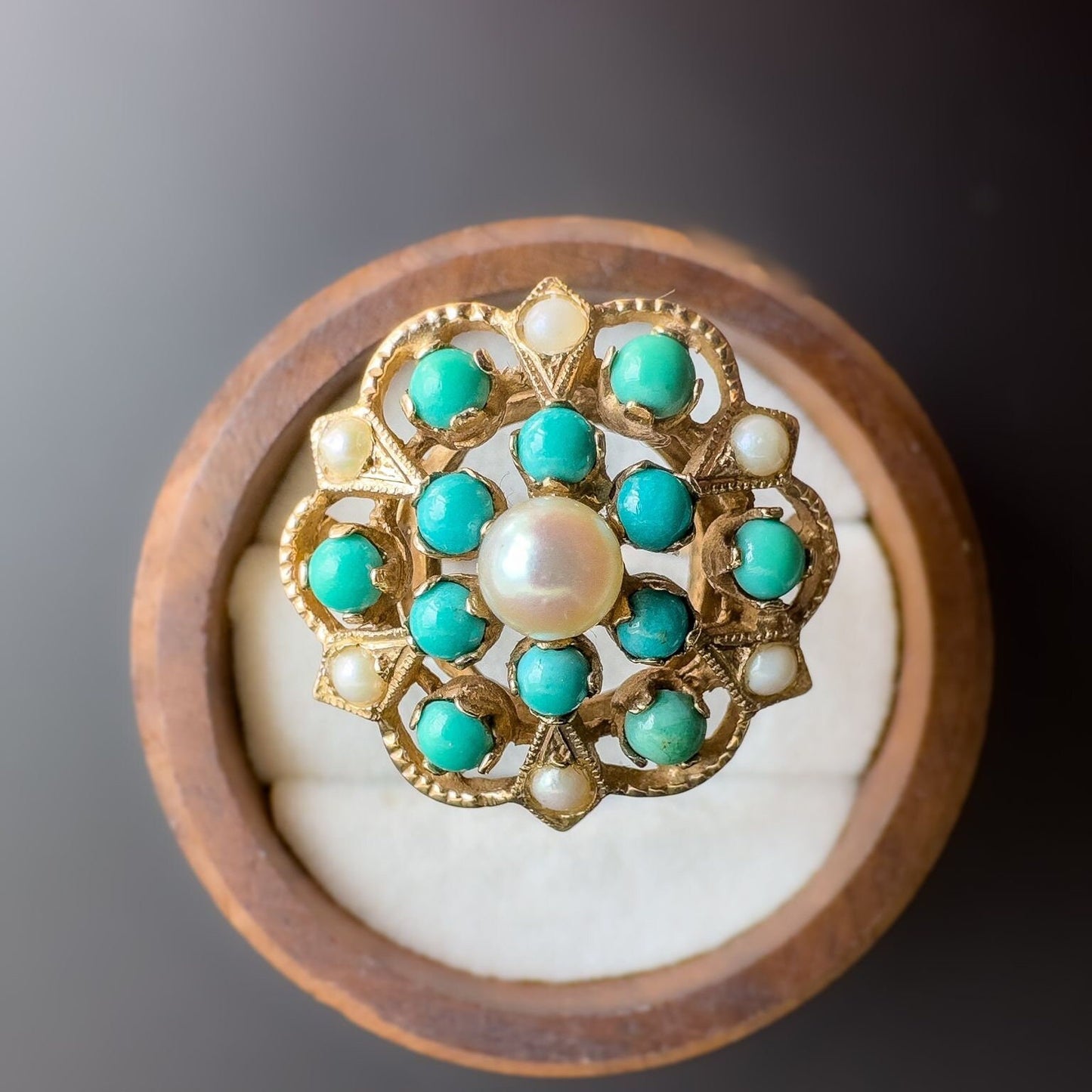 9ct | 9K Gold | Vintage | Stately Victorian Inspired | Turquoise & Pearl Cluster Ring | Multi Stone Ring | English Hallmarks |