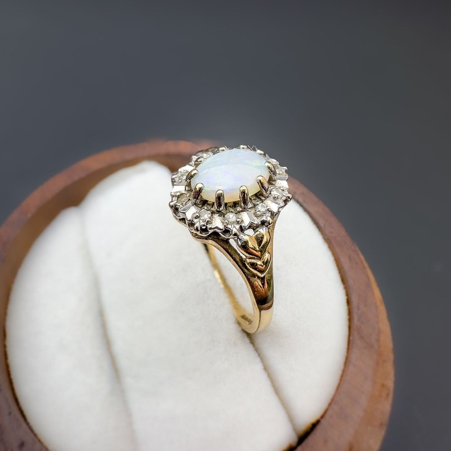 9ct | 9K Gold | Vintage | Colourful Natural White Opal & Diamond Halo Ring | Multi Stone | Statement Ring | Hallmarked |