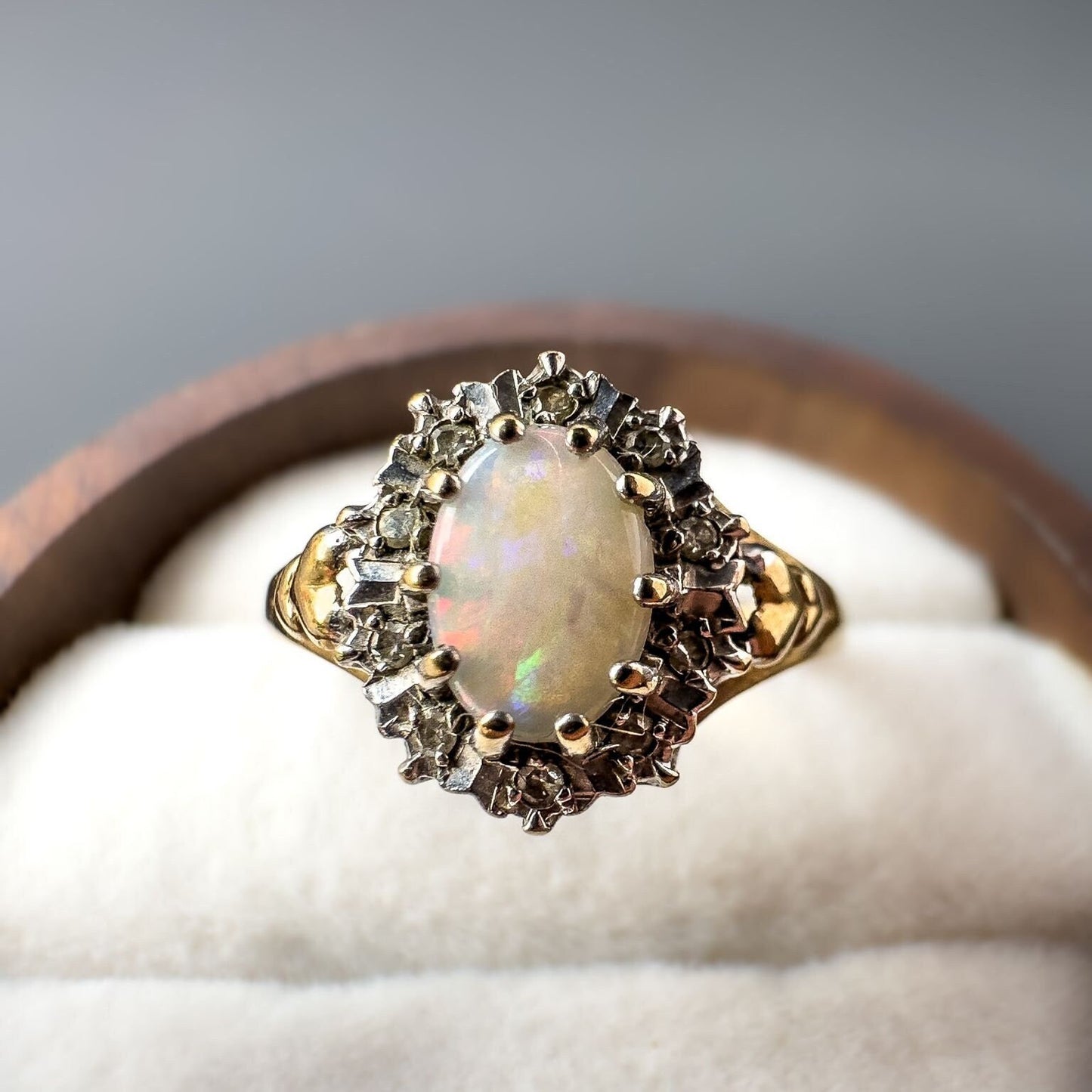 9ct | 9K Gold | Vintage | Colourful Natural White Opal & Diamond Halo Ring | Multi Stone | Statement Ring | Hallmarked |