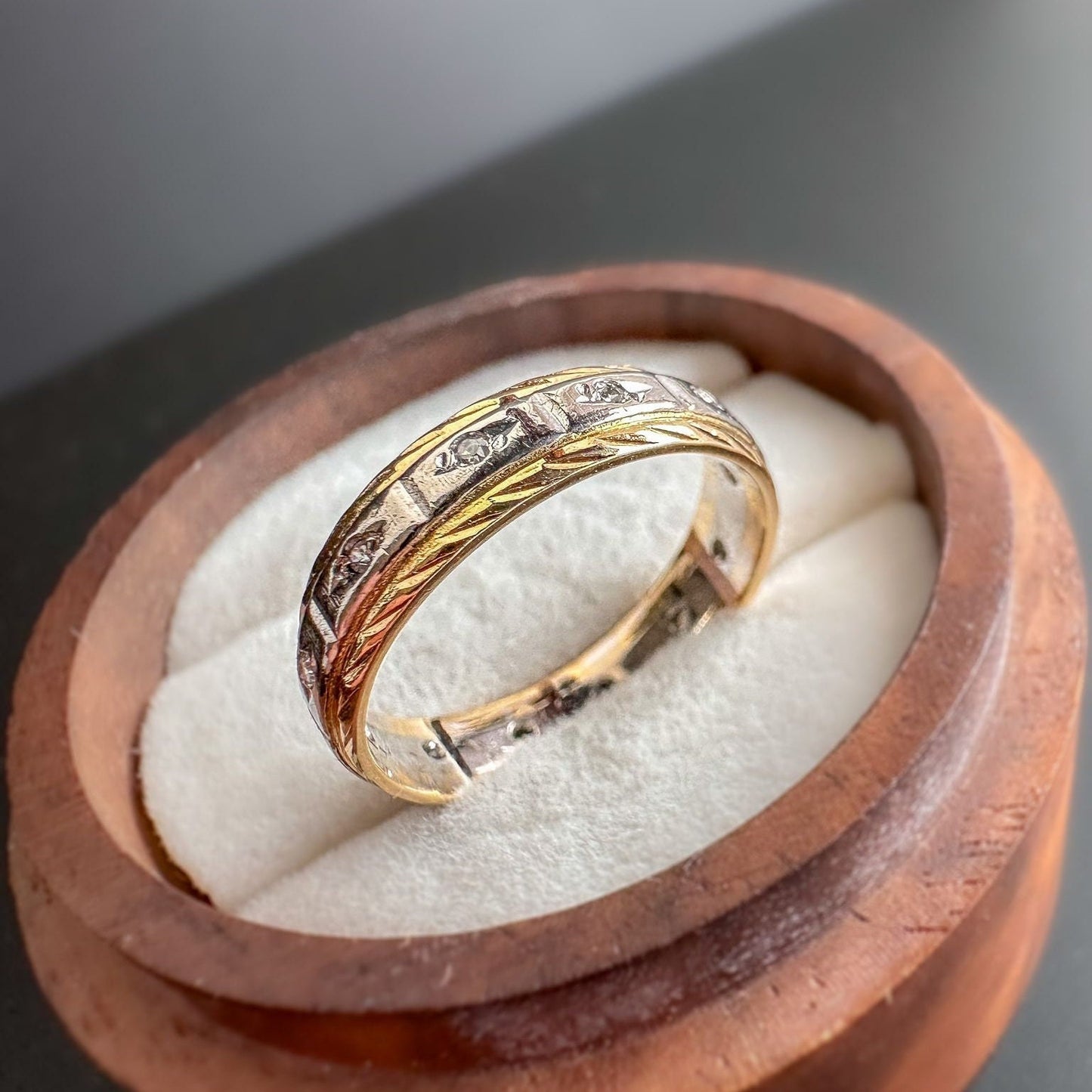 Gorgeous | 18ct | 18k Solid Gold | Vintage Bi Coloured Patterned | Full Diamond Eternity Band Ring | English Hallmarks |
