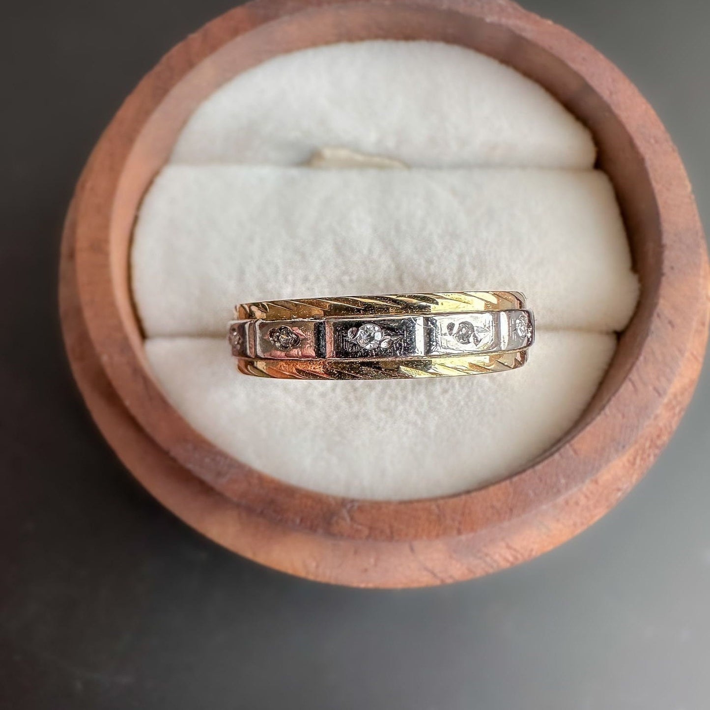 Gorgeous | 18ct | 18k Solid Gold | Vintage Bi Coloured Patterned | Full Diamond Eternity Band Ring | English Hallmarks |