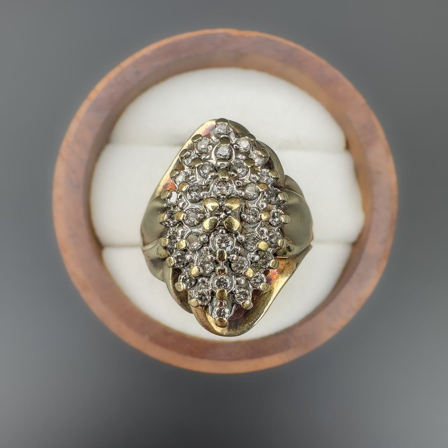 9ct | 9k Gold | Vintage | Very Fancy Foliate Diamond Marquise Shaped Cluster Ring | Statement Ring | Multi Stone Ring | English Hallmarks |