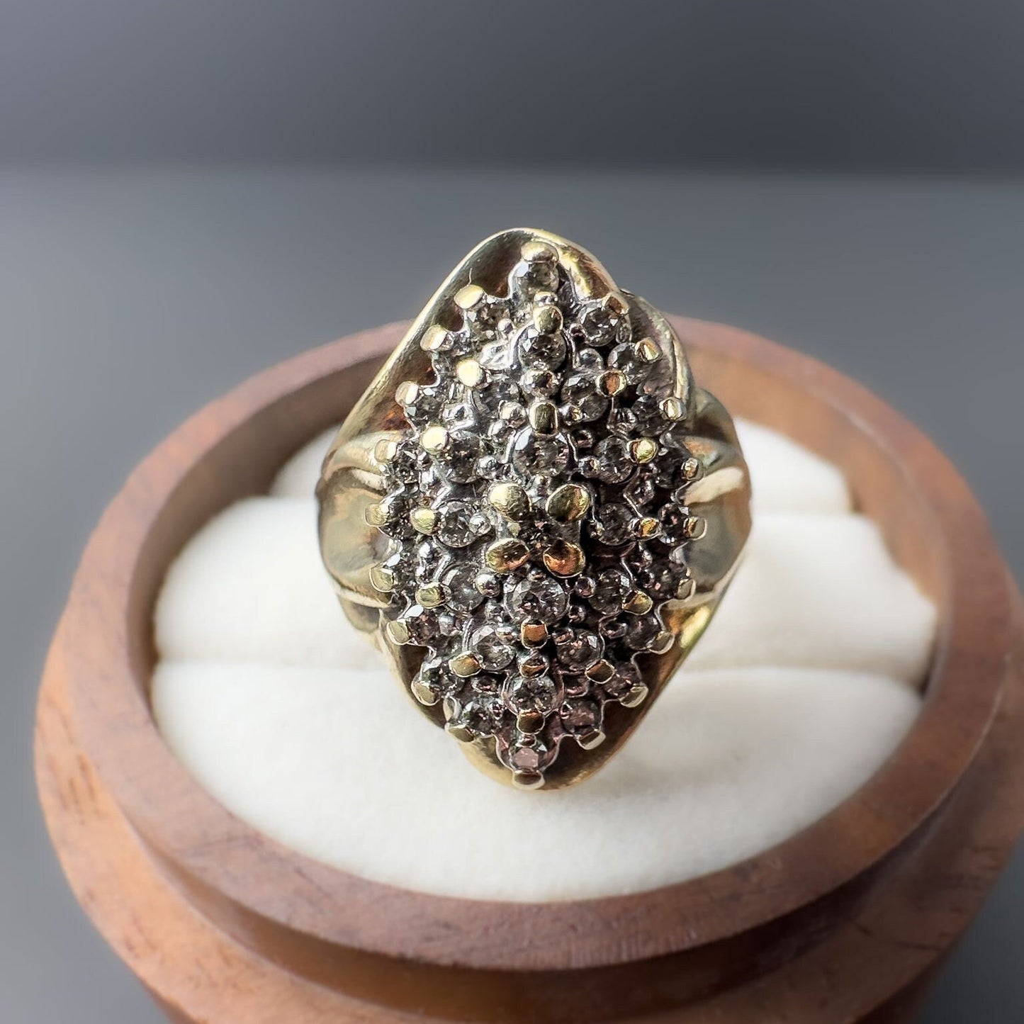 9ct | 9k Gold | Vintage | Very Fancy Foliate Diamond Marquise Shaped Cluster Ring | Statement Ring | Multi Stone Ring | English Hallmarks |