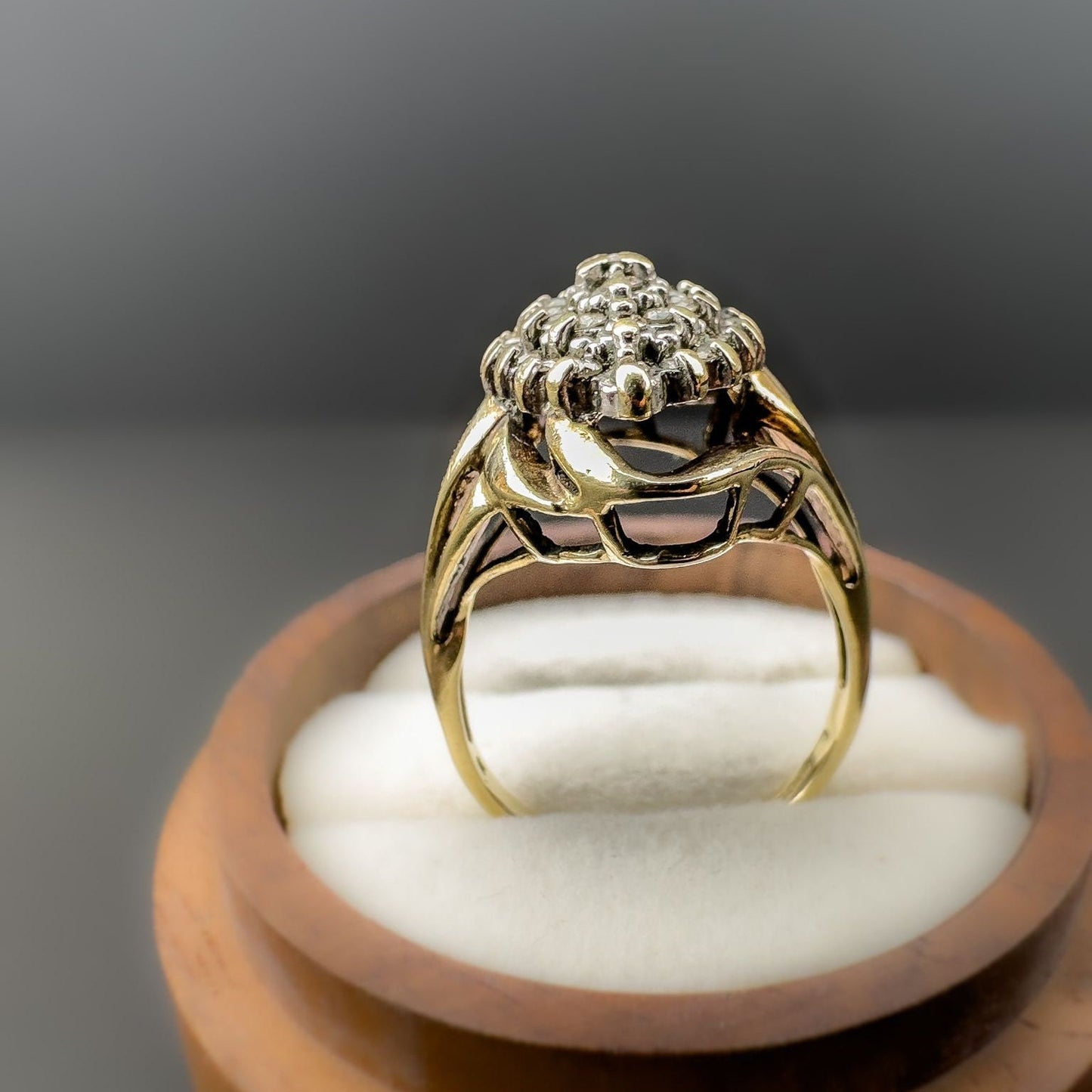 9ct | 9k Gold | Vintage | Very Fancy Foliate Diamond Marquise Shaped Cluster Ring | Statement Ring | Multi Stone Ring | English Hallmarks |